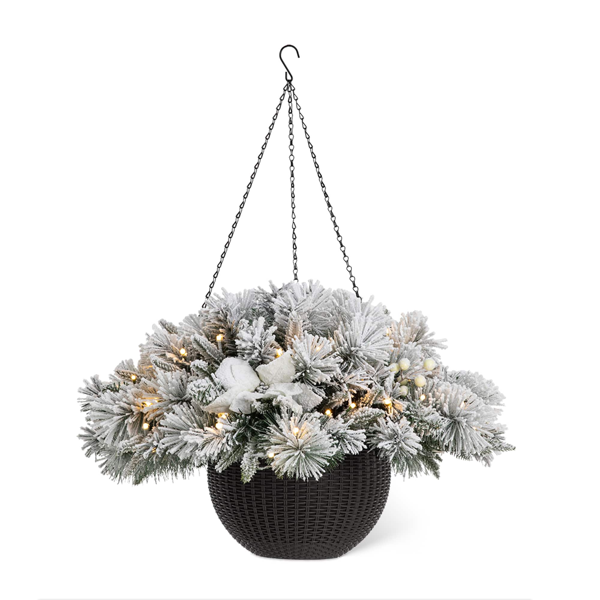 Glitzhome® 24" Pre-Lit Snow Flocked Christmas Artificial Pine Poinsettia Hanging Basket, White Lights