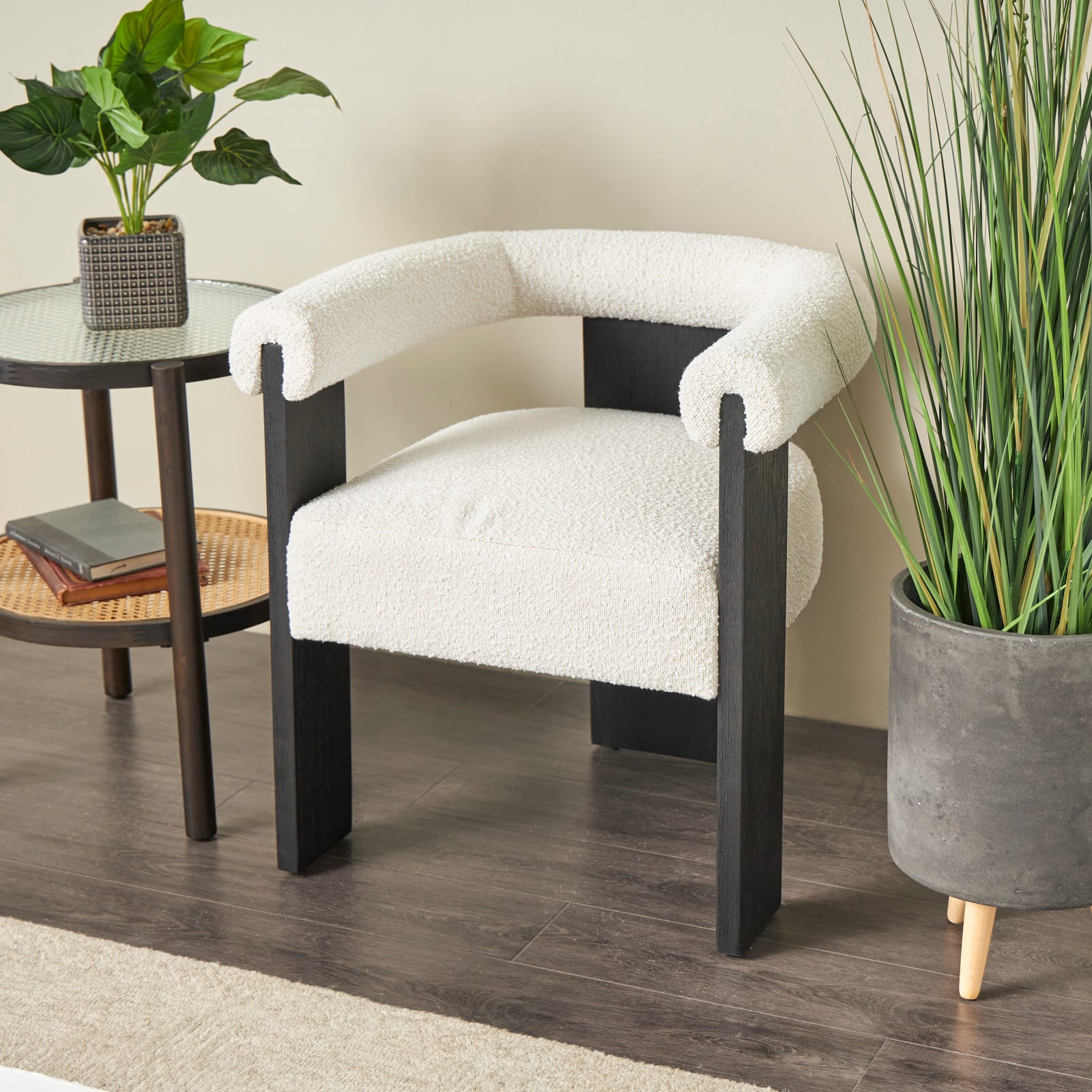 White Curved Back Mid-Century Modern Round Accent Chair with Black Wood Frame