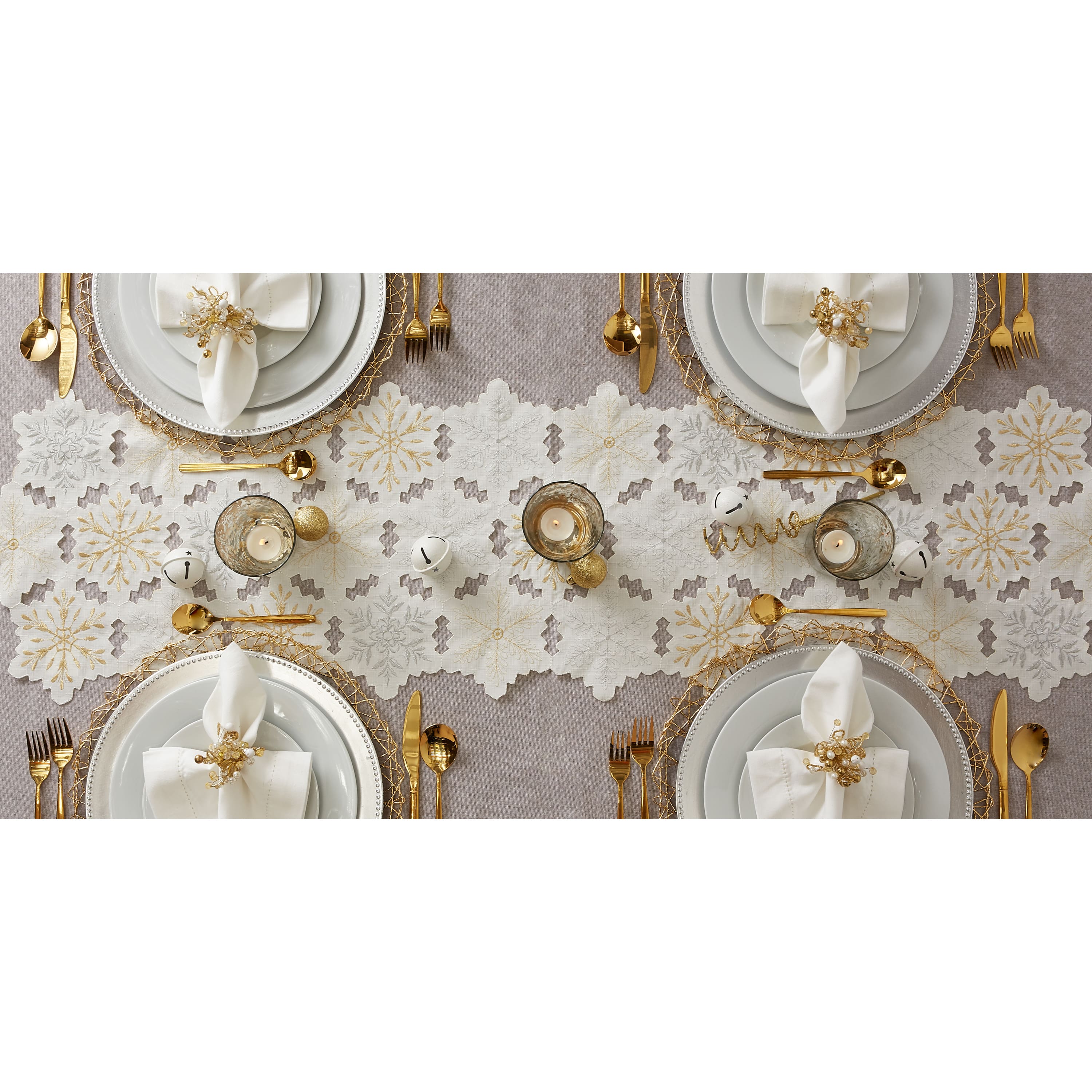 DII&#xAE; 54&#x22; White and Gold Embroidered Snowflakes Table Runner