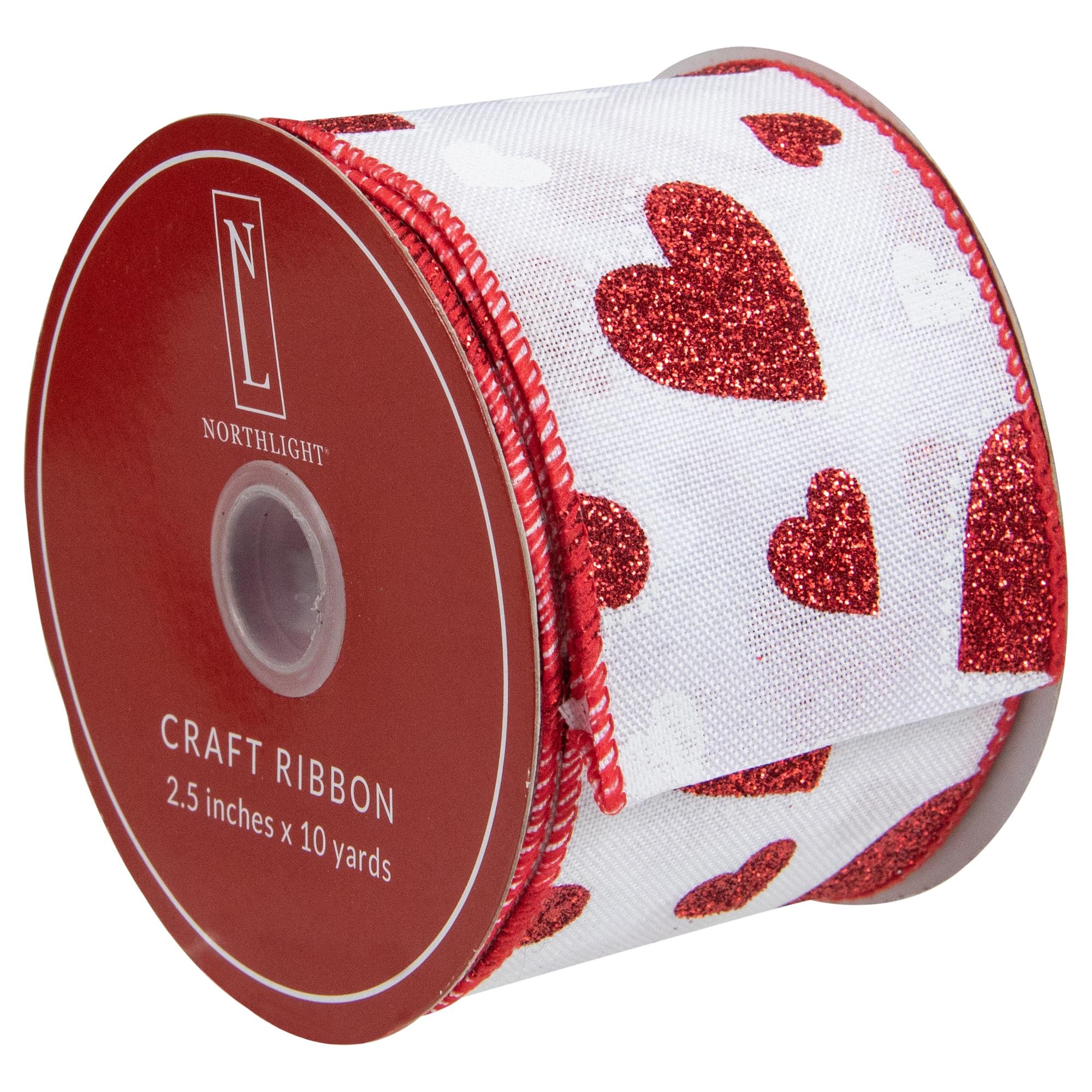 2.5" x 10yd. Glitter Dotted Hearts Valentine's Day Wired Craft Ribbon