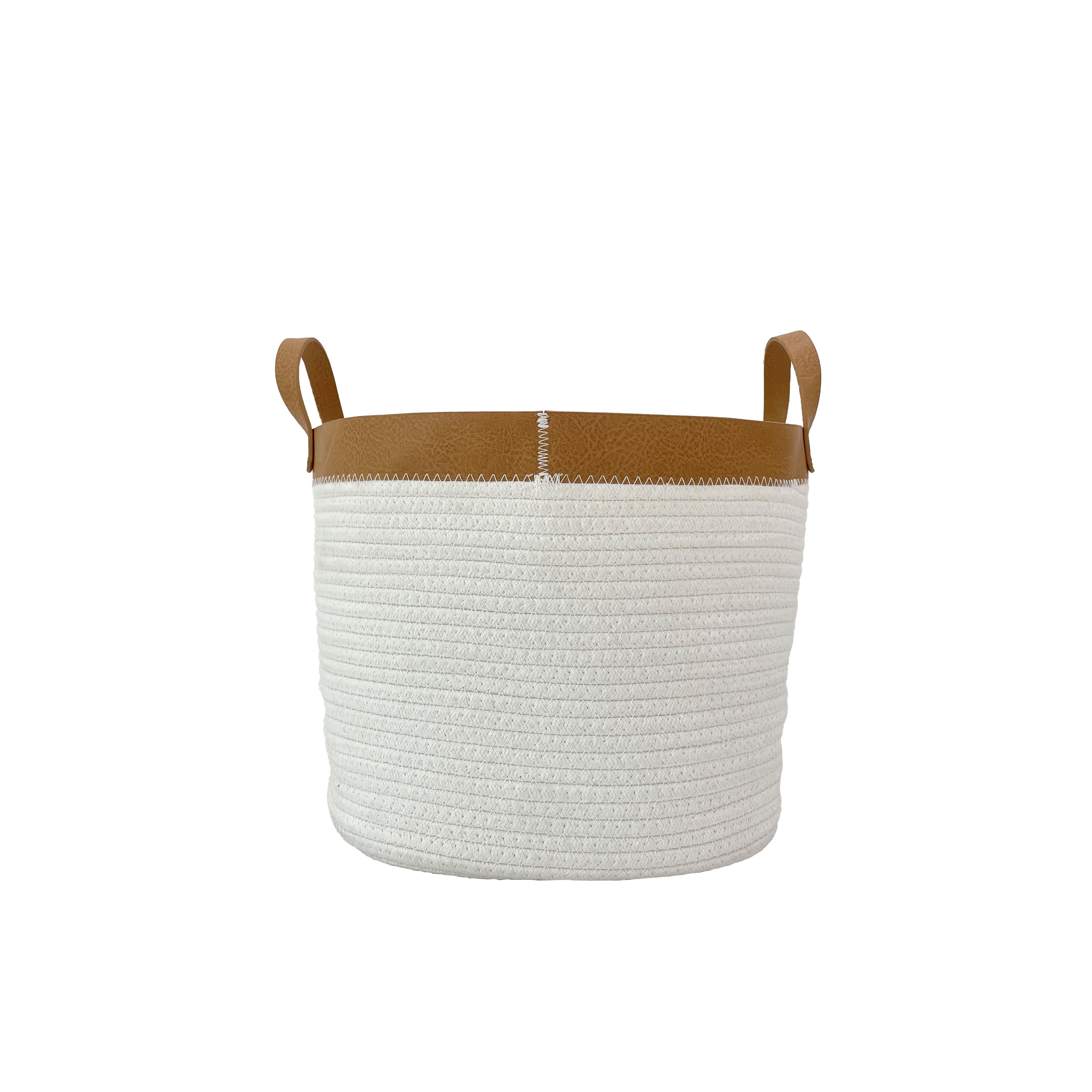 White Fabric Rope Basket with Brown Faux Leather Brim by Ashland&#xAE;