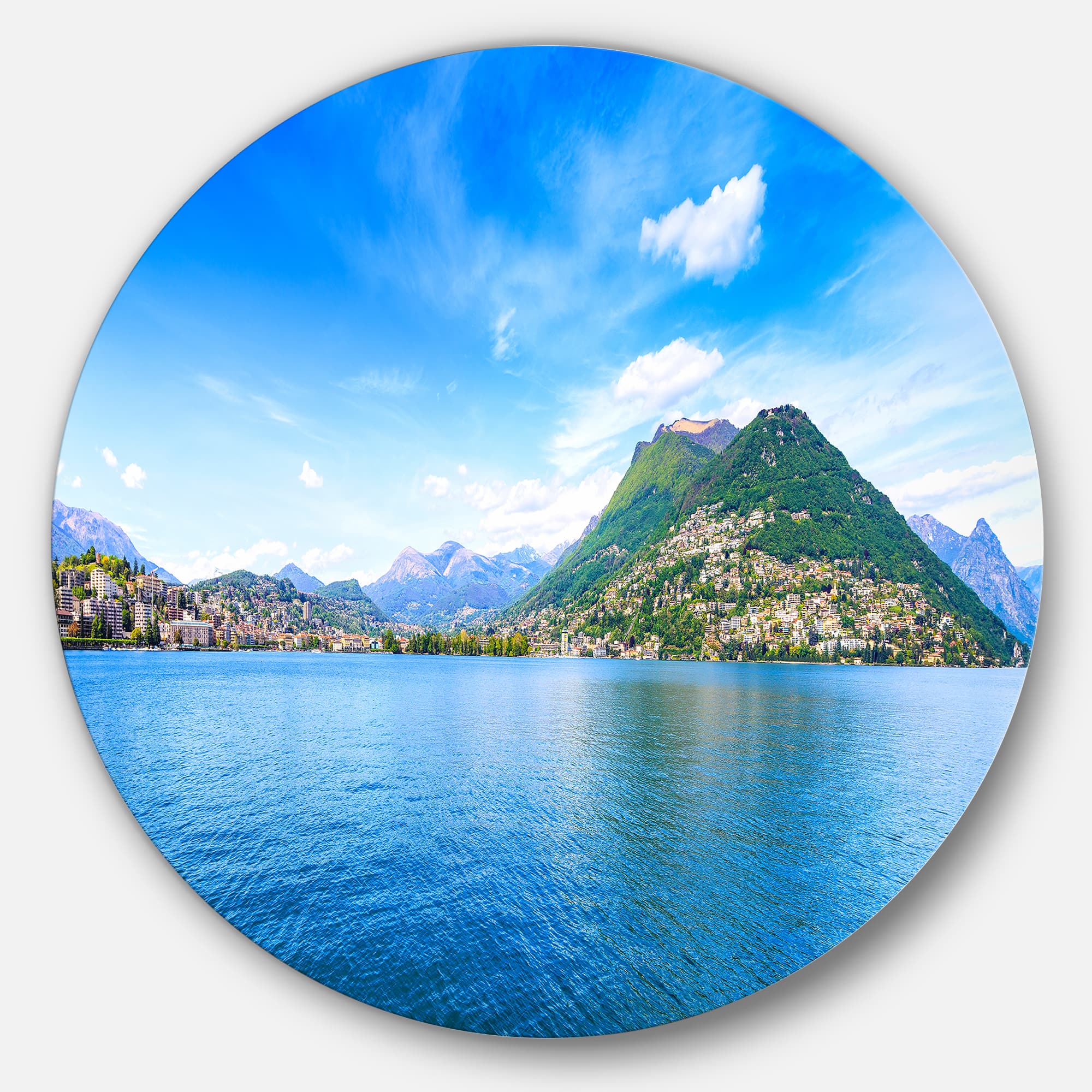 Designart - Lugano Lake Ticino Panorama' Extra Large Seashore Metal Circle Wall Art