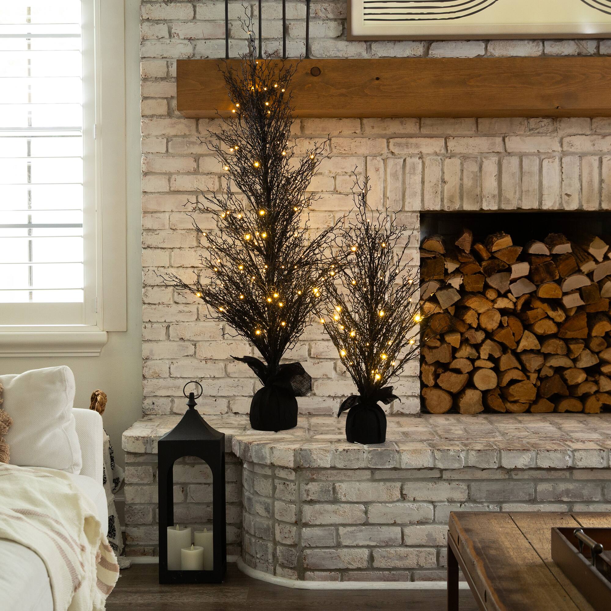 5ft. Pre-Lit LED Halloween Black Twig Artificial Fall Tree in Burlap Planter