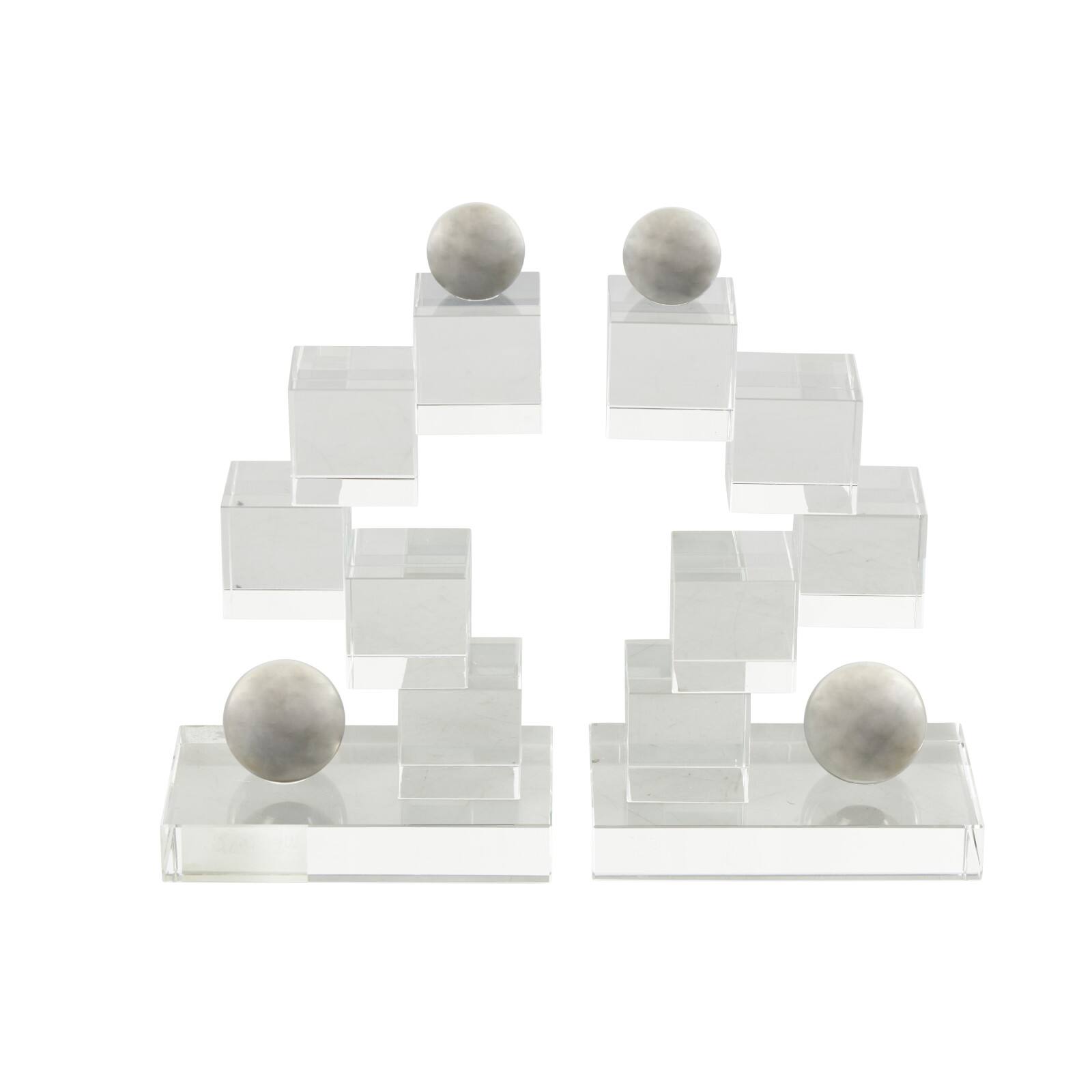 8.25" Clear Glass Stacked Squares Bookends with Silver Orbs, 2ct.