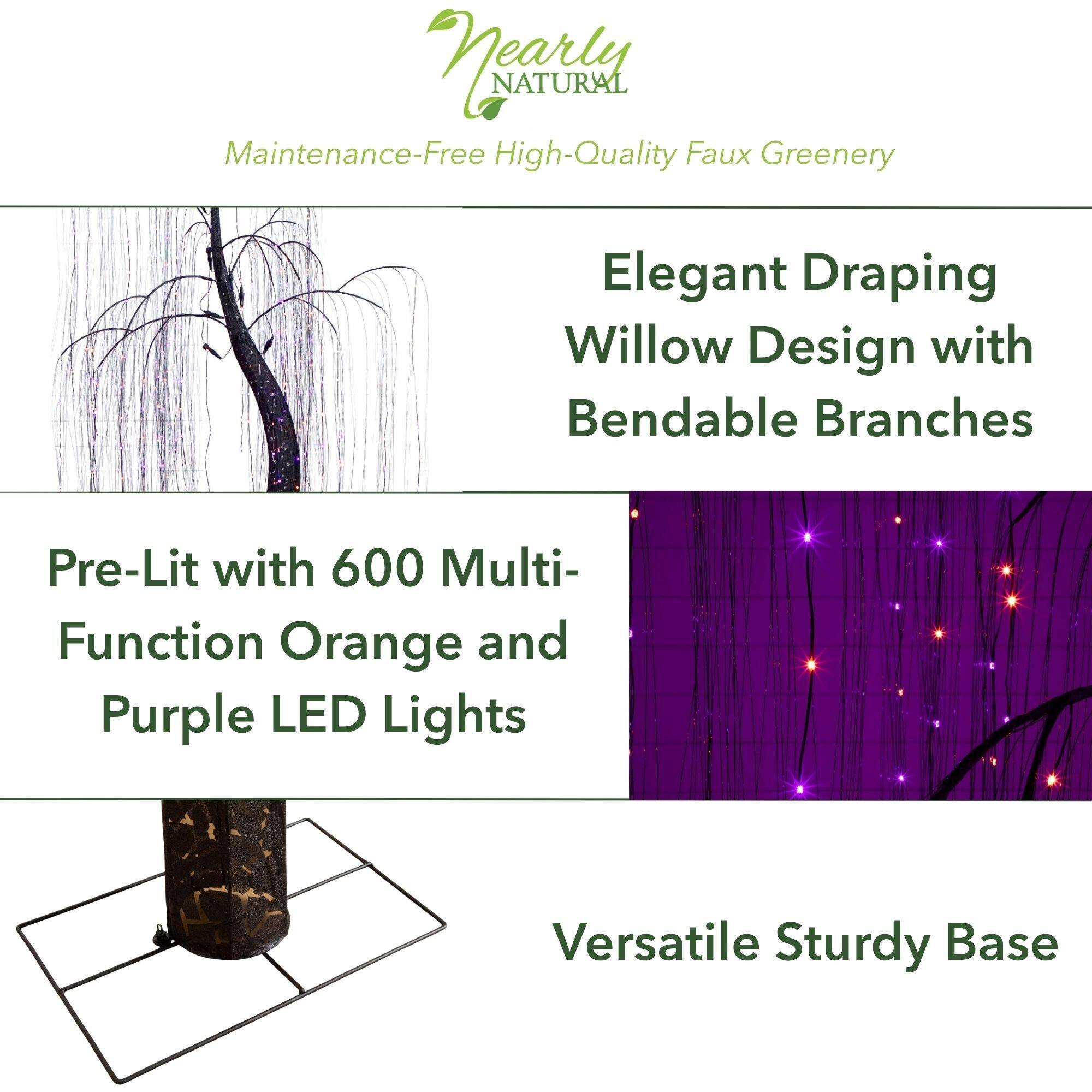 7ft. Pre-Lit Artificial Halloween Black Willow Tree with 600 Purple and Orange Dual Color LED Lights