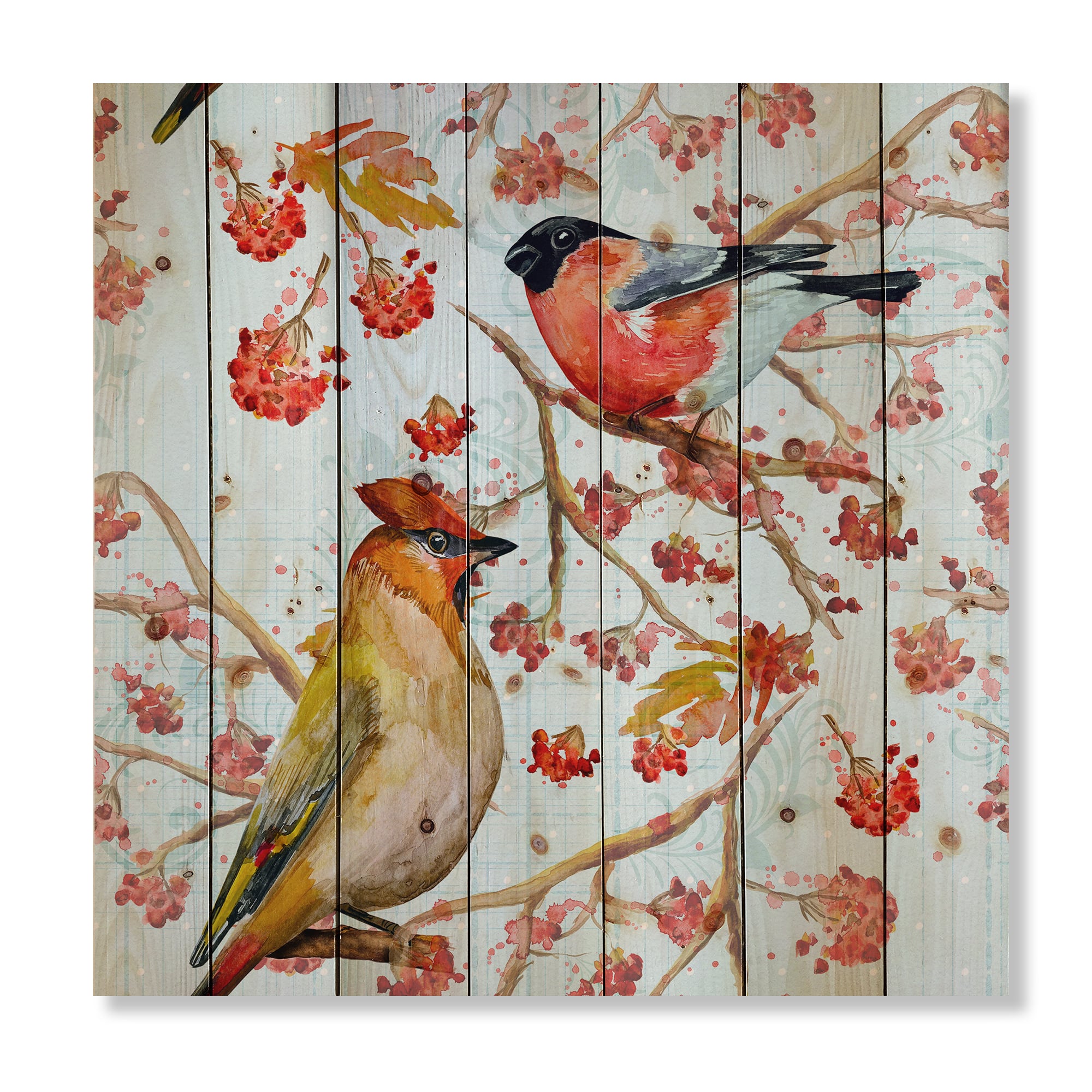 Designart - Two Birds On Branches During Autumn - Traditional Print on Natural Pine Wood