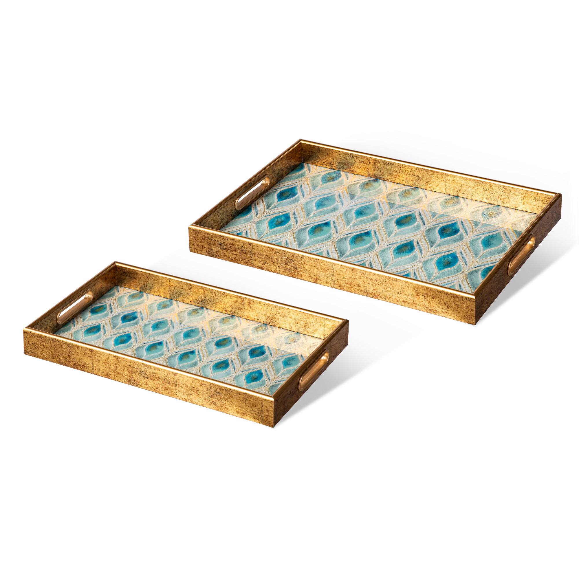 Glitzhome&#xAE; Rectangle Peacock Feathers Patterned Decorative Trays Set