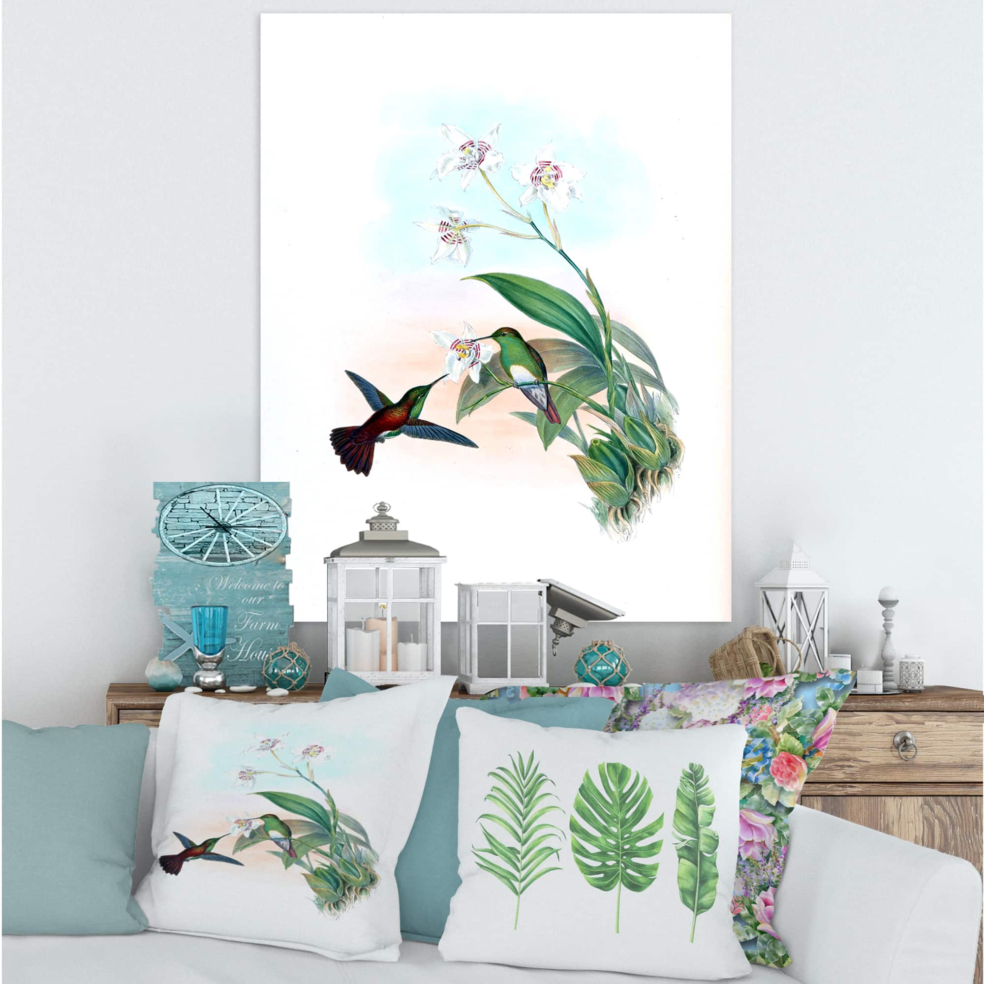 Designart - Vintage Hummingbird Flying To A Flower - Traditional Canvas Wall Art Print