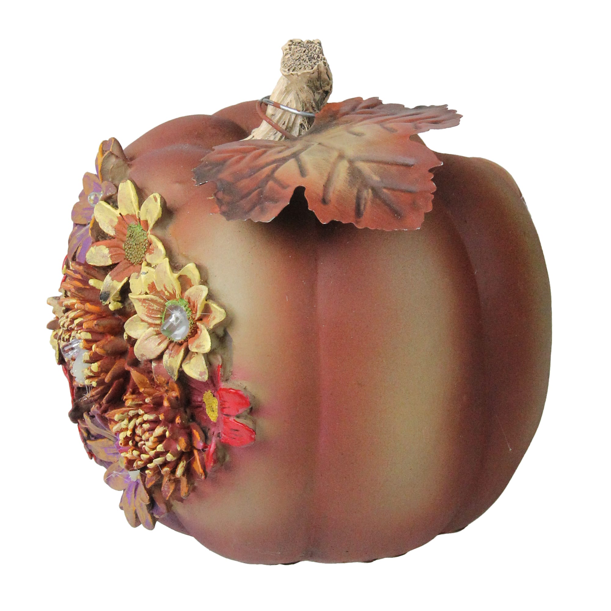 7.5&#x22; Brown Solar Powered Floral Pumpkin Outdoor Decoration