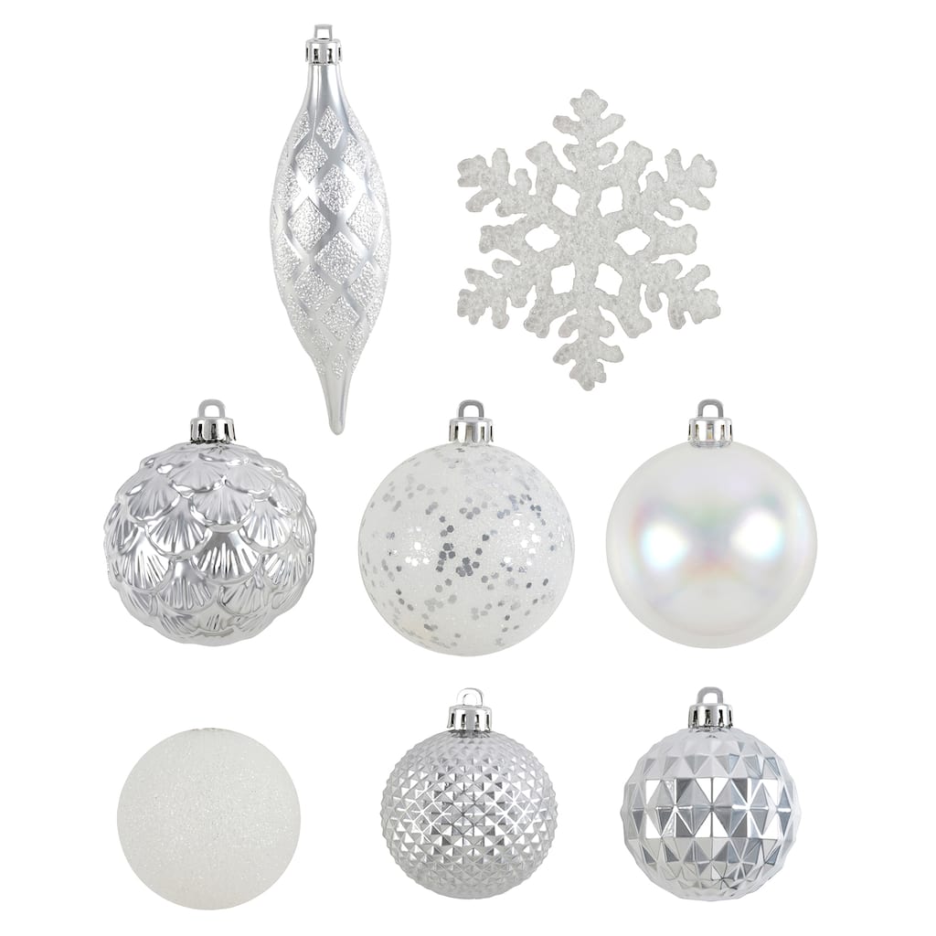 Assorted 40ct. Silver & White Shatterproof Plastic Mixed Ornaments by ...