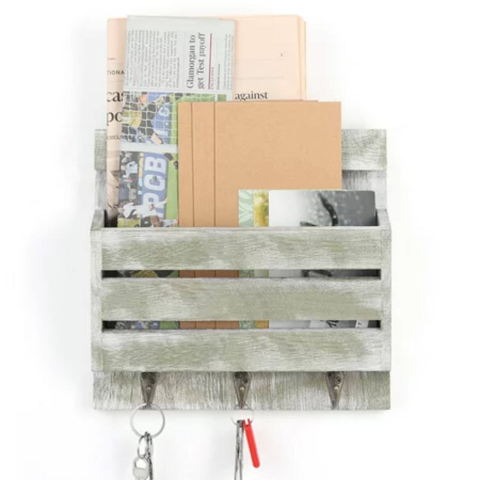 NEX™ 10" Weathered Green Wood Wall-Mounted Mail & Key Holder Organizer with 3 Key Hooks