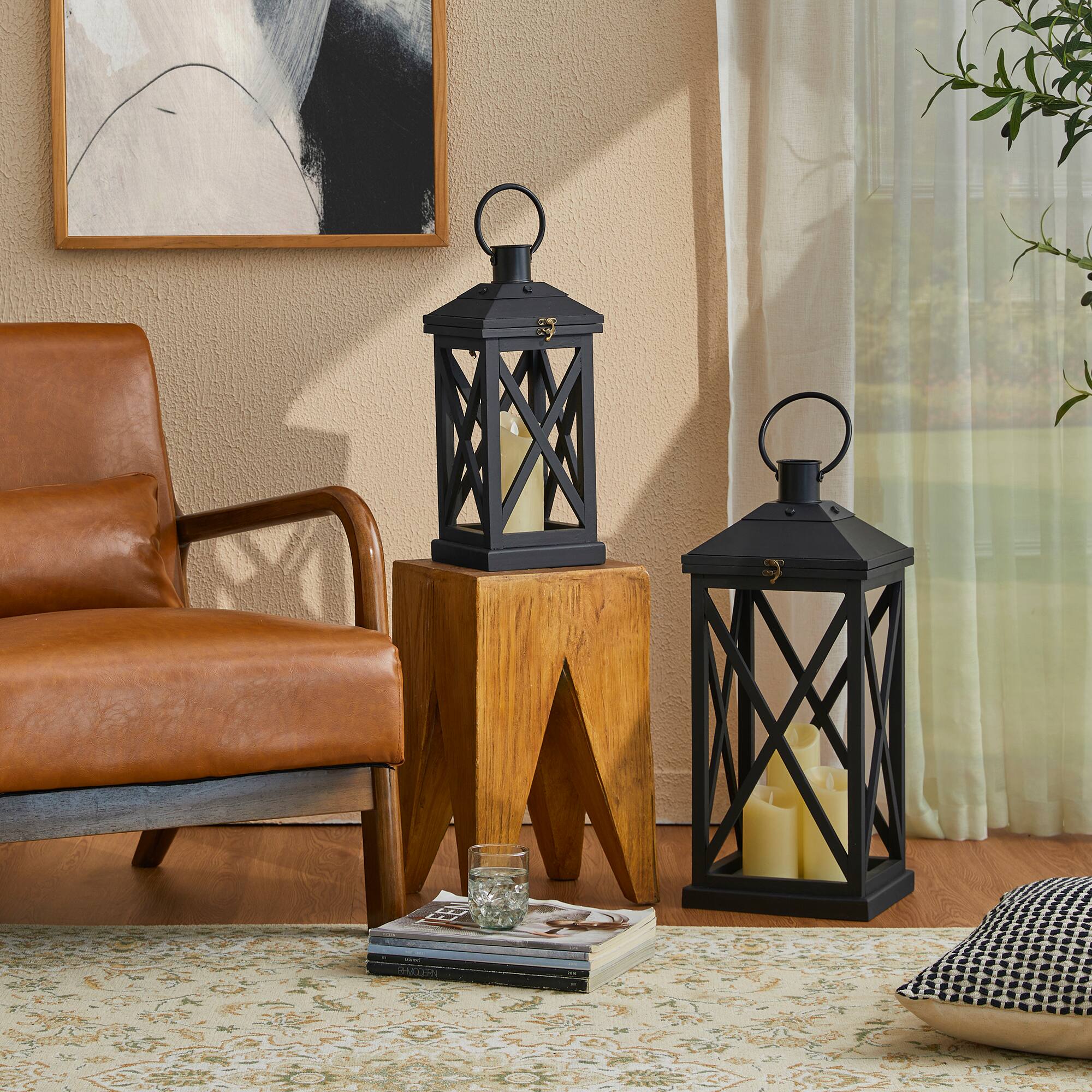 Glitzhome® Black Farmhouse Wood & Metal Lanterns Set