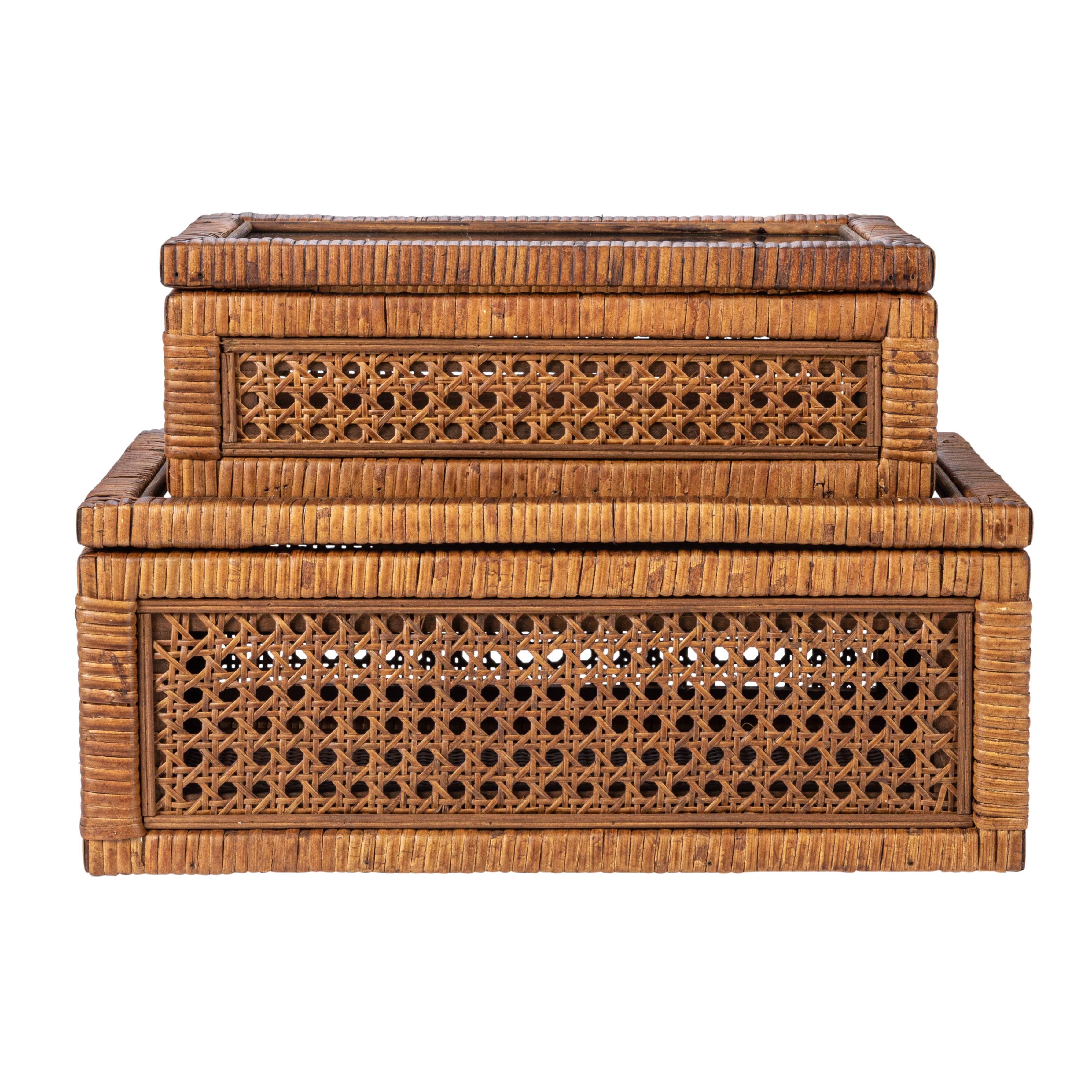 Hello Honey® Dark Brown Modern Decorative Rectangle Woven Rattan & Wood Display Box Set with Glass Top