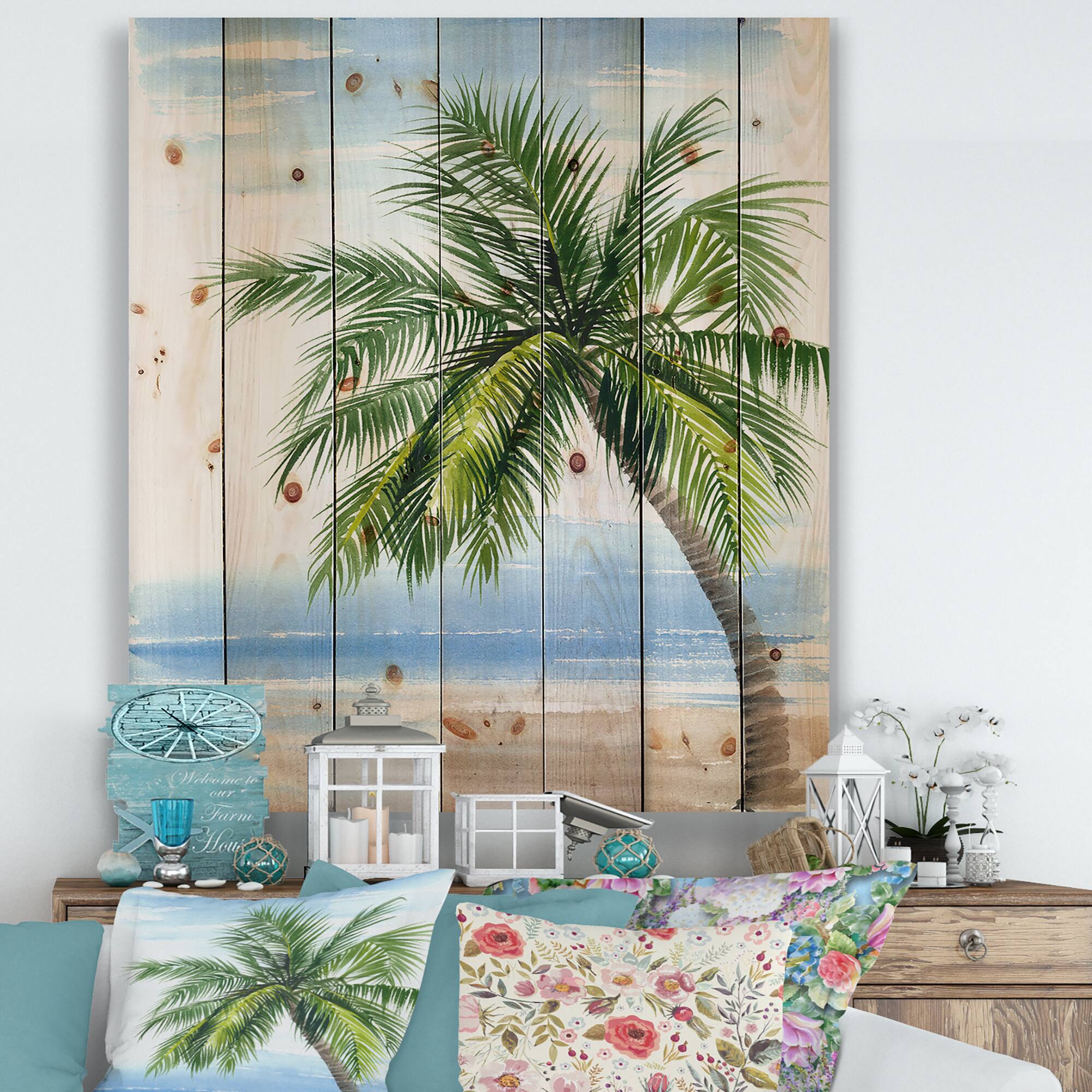 Designart - Palm Tree At The Beach Resort - Nautical &#x26; Coastal Print on Natural Pine Wood