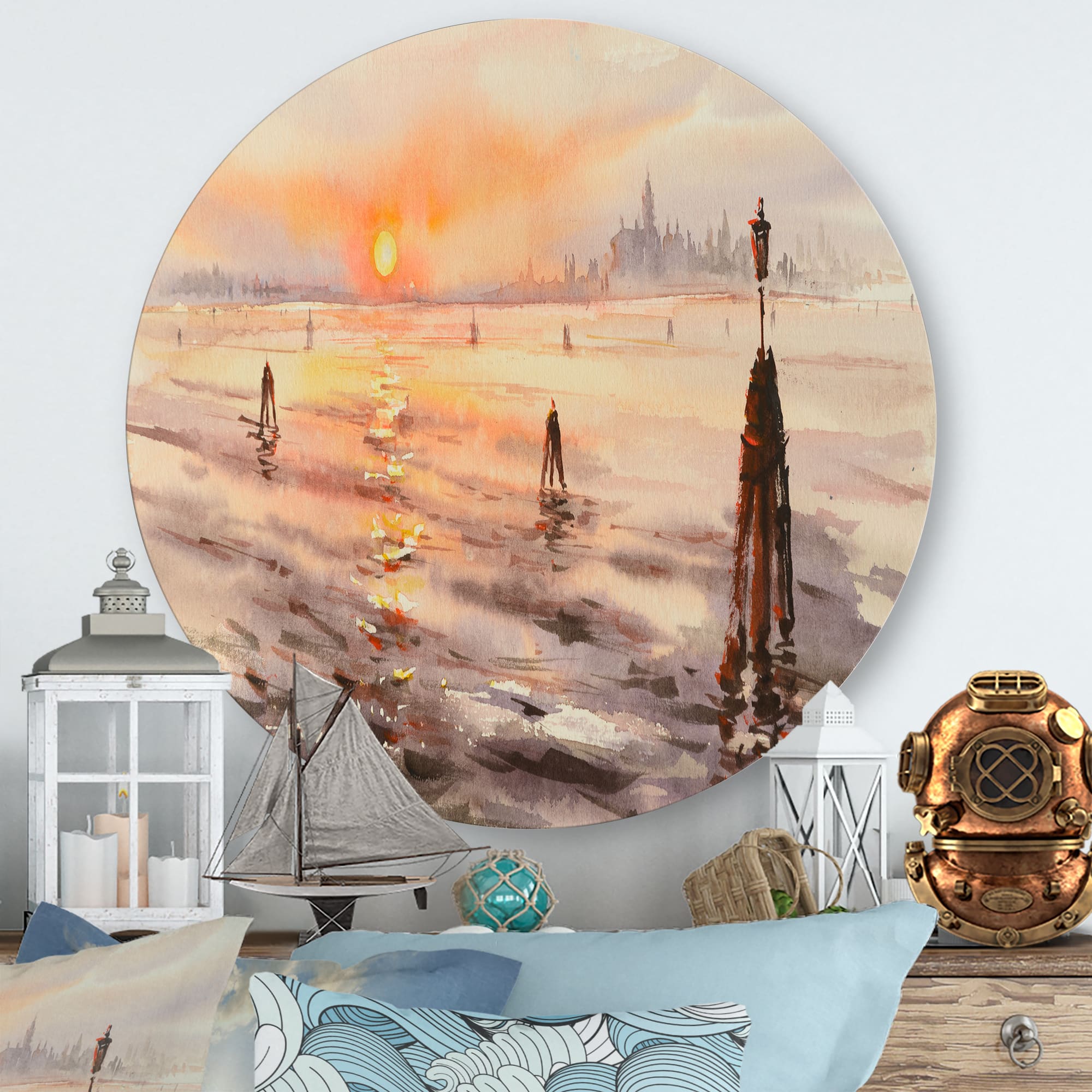 Designart - Panorama of Venice Laguna At Sunset - Nautical &#x26; Coastal Metal Circle Wall Art