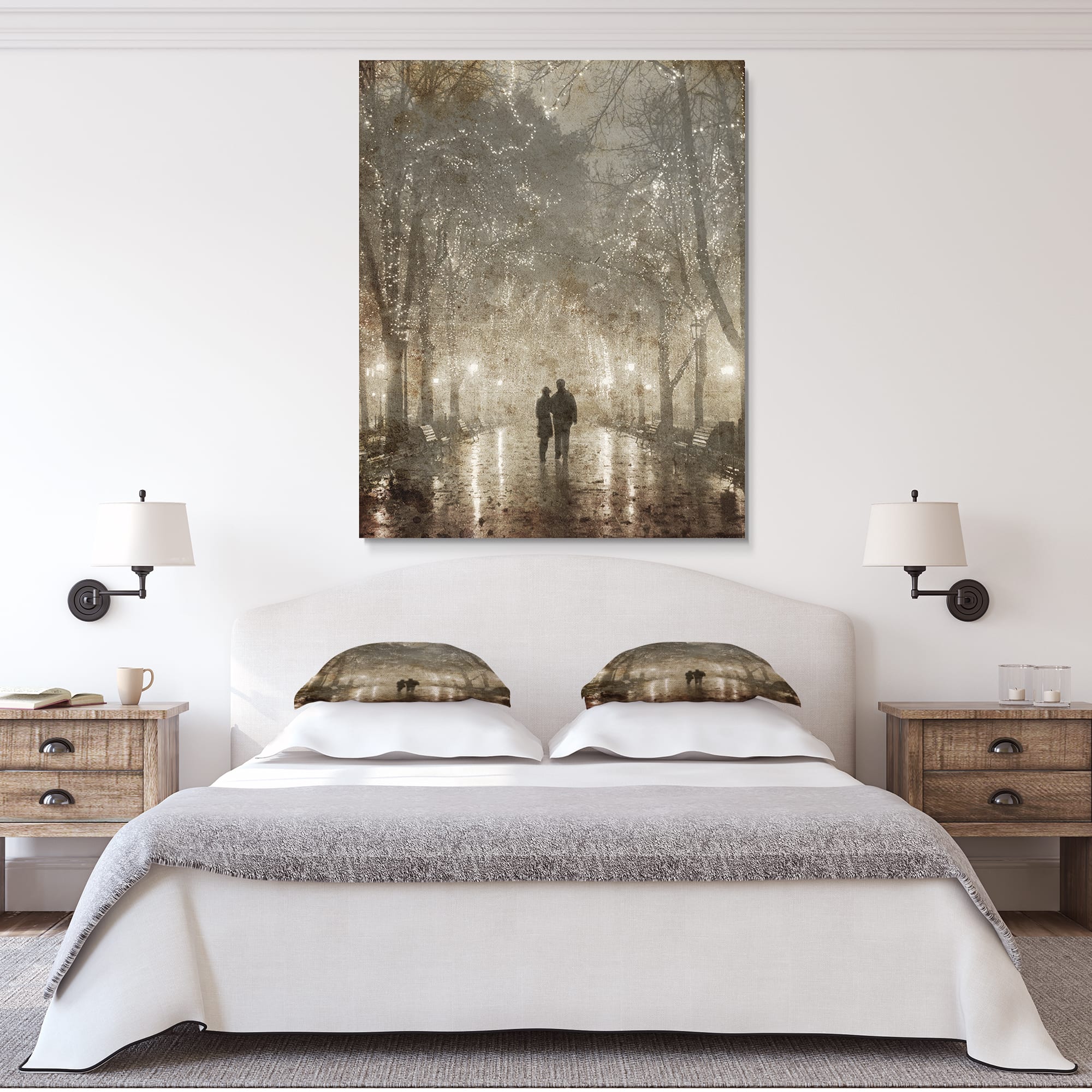 Designart - Couple Walking in Night Lights - Landscape Photography Canvas Print