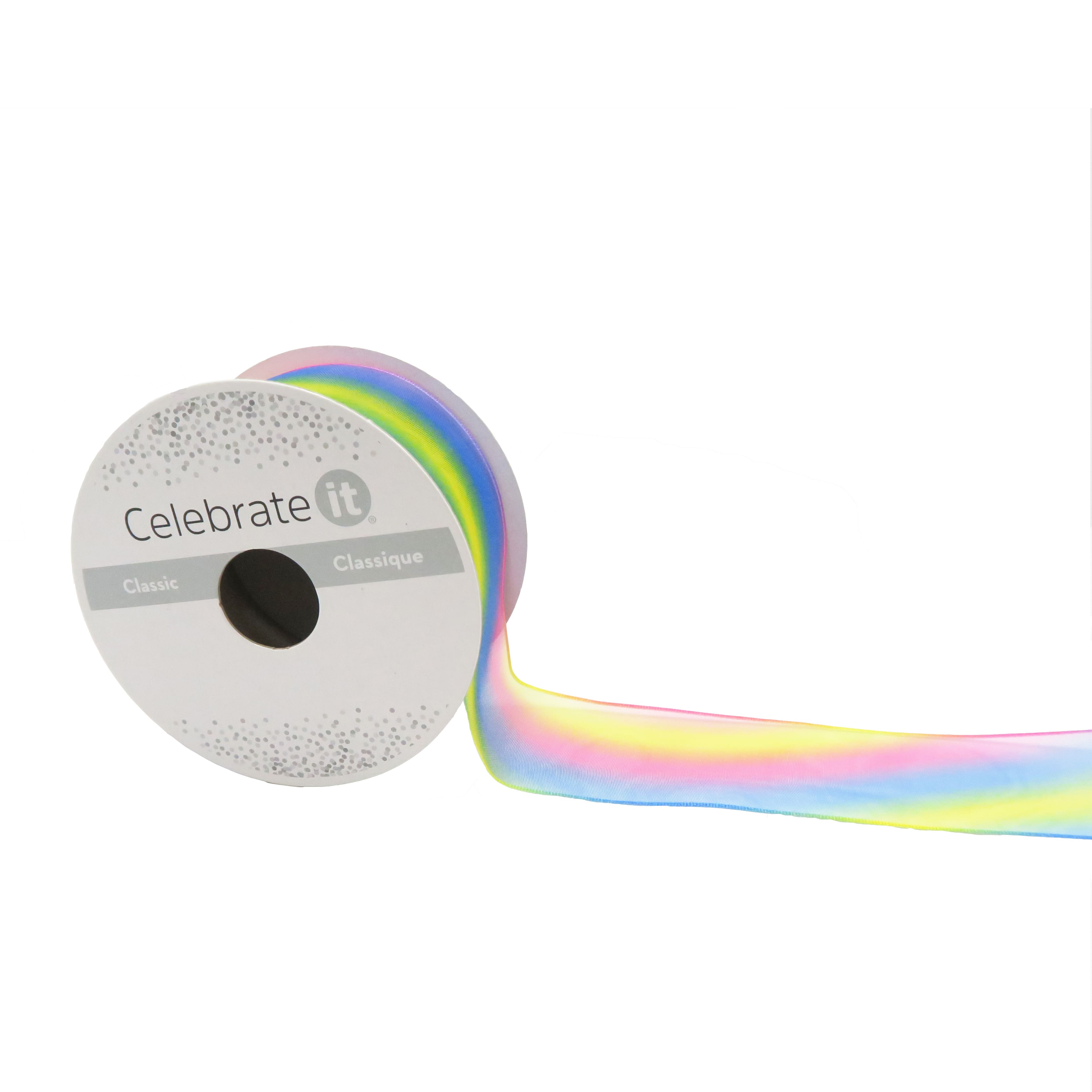 Celebrate It 1.5 360 Sheer Wired Rainbow Striped Ribbon - Each