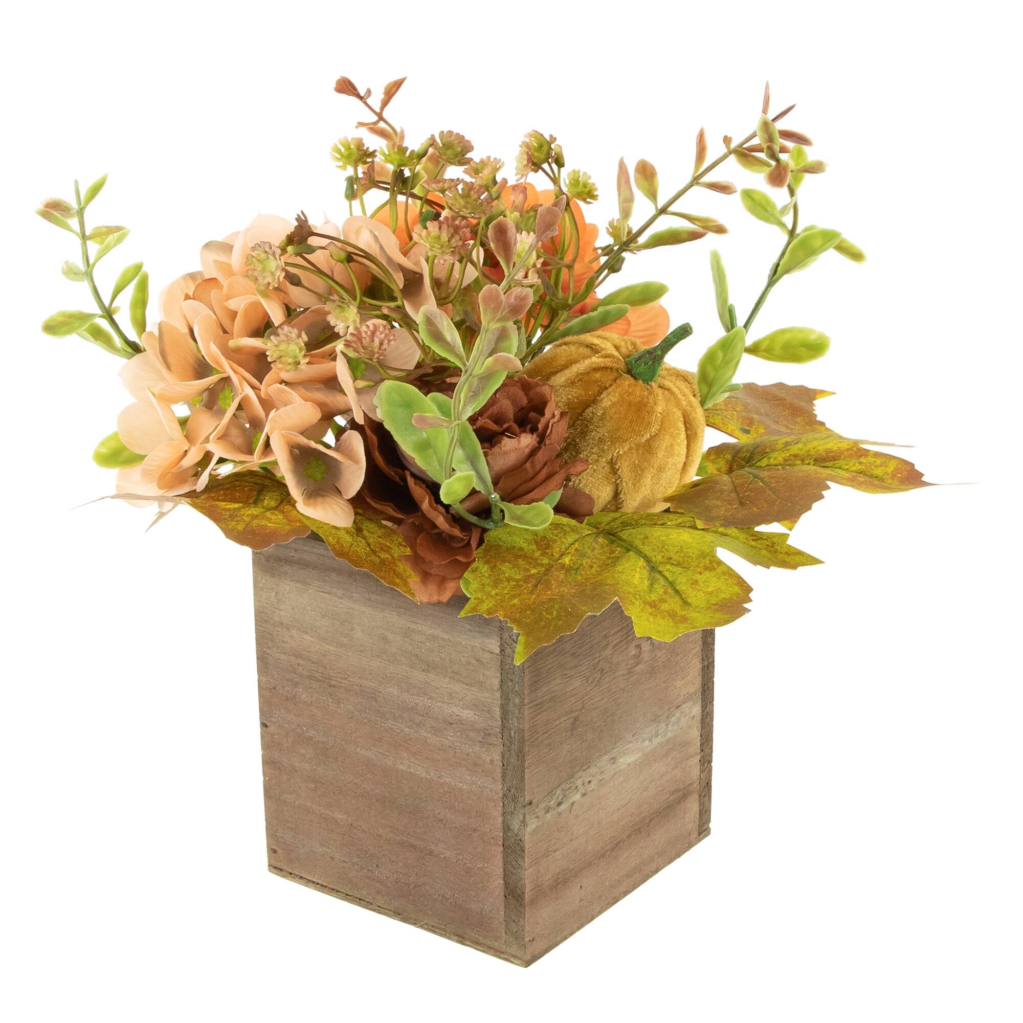 10&#x22; Orange Floral &#x26; Pumpkin Wooden Box Fall Harvest Tabletop Decoration