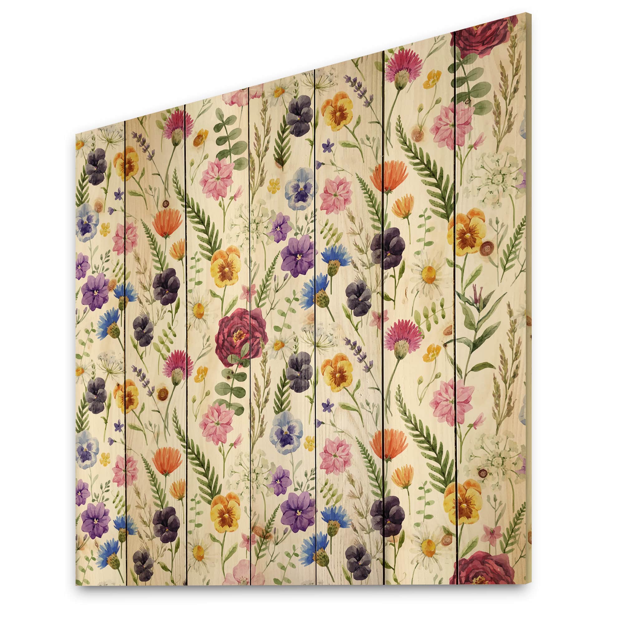 Designart - Wildflowers Floral Pattern II - Traditional Print on Natural Pine Wood