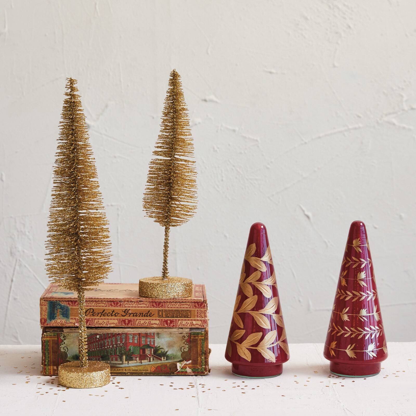 Hello Honey® 8.25" Red & Gold Hand-Painted Reclaimed Glass Cone Tree with Pattern Set