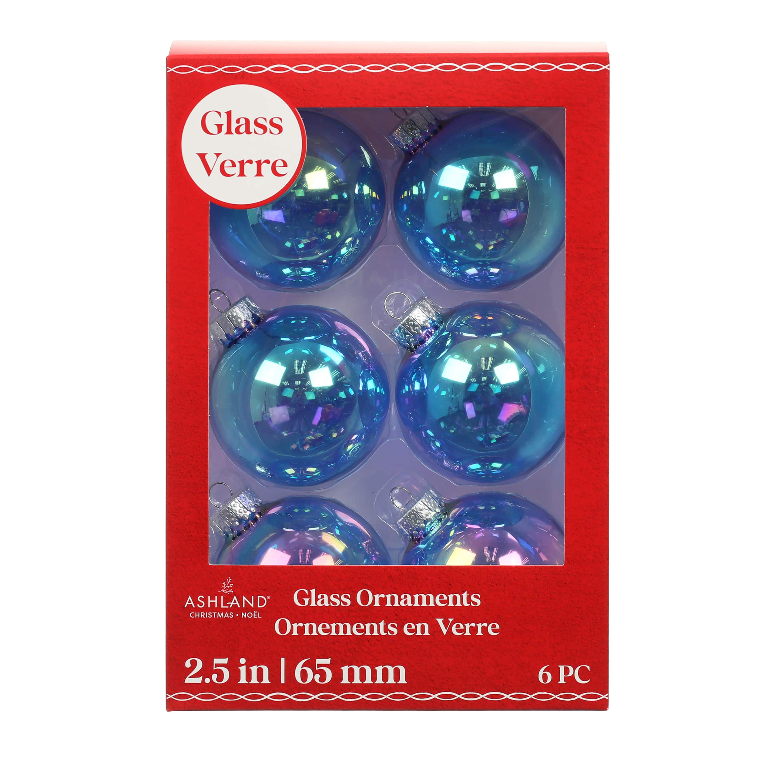 6 Pack 2.5" Light Blue Iridescent Glass Ball Ornaments by Ashland®