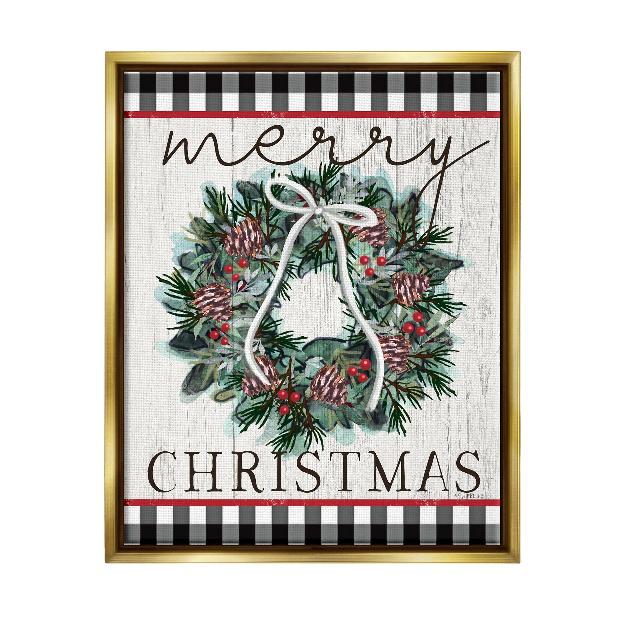Stupell Industries Merry Christmas Tartan Wreath Framed Floater Canvas Wall Art