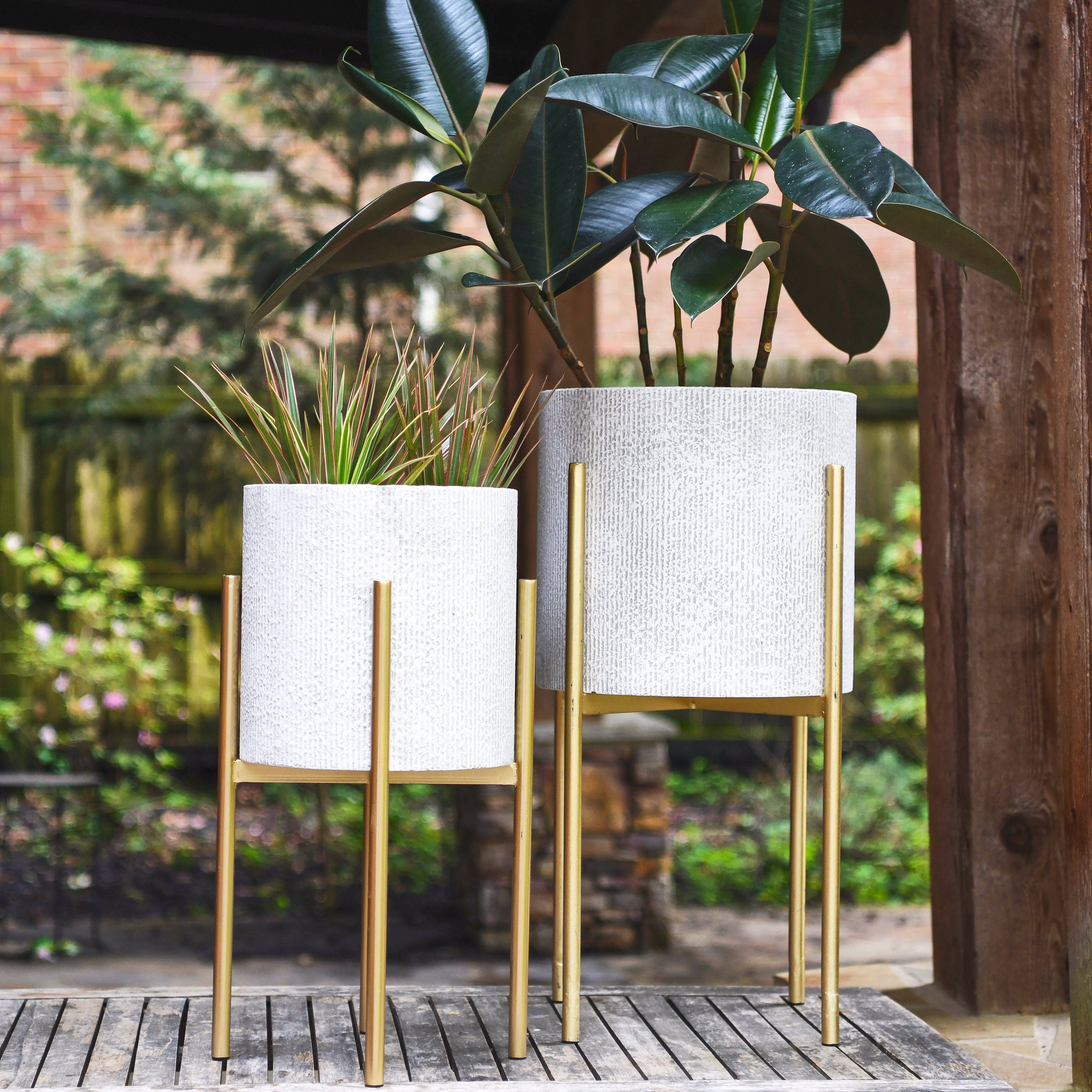 Hello Honey® White & Gold Boho Embossed Metal Planters with Stands Set