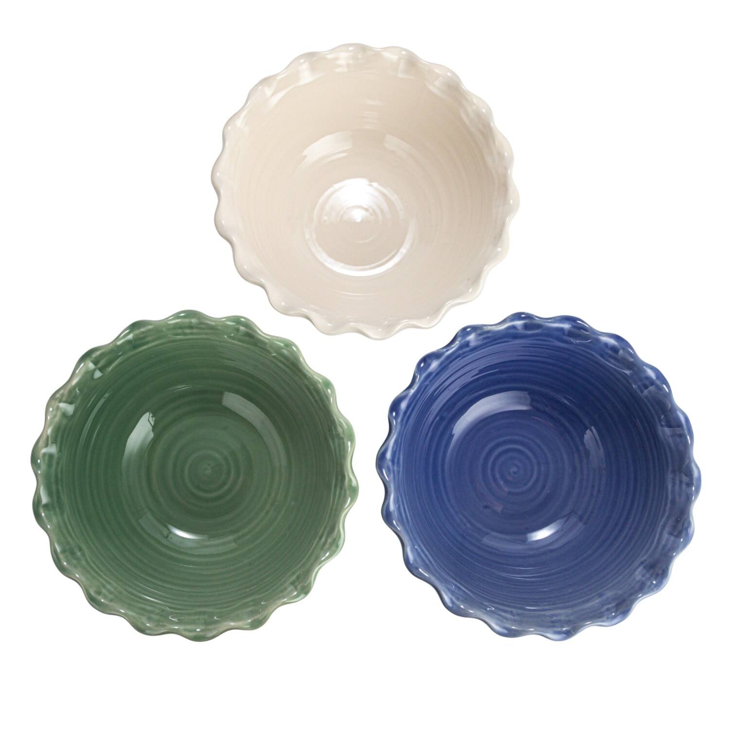 Hello Honey® 10" Blue, Green & Cream Stoneware Bowl with Scalloped Edge Set