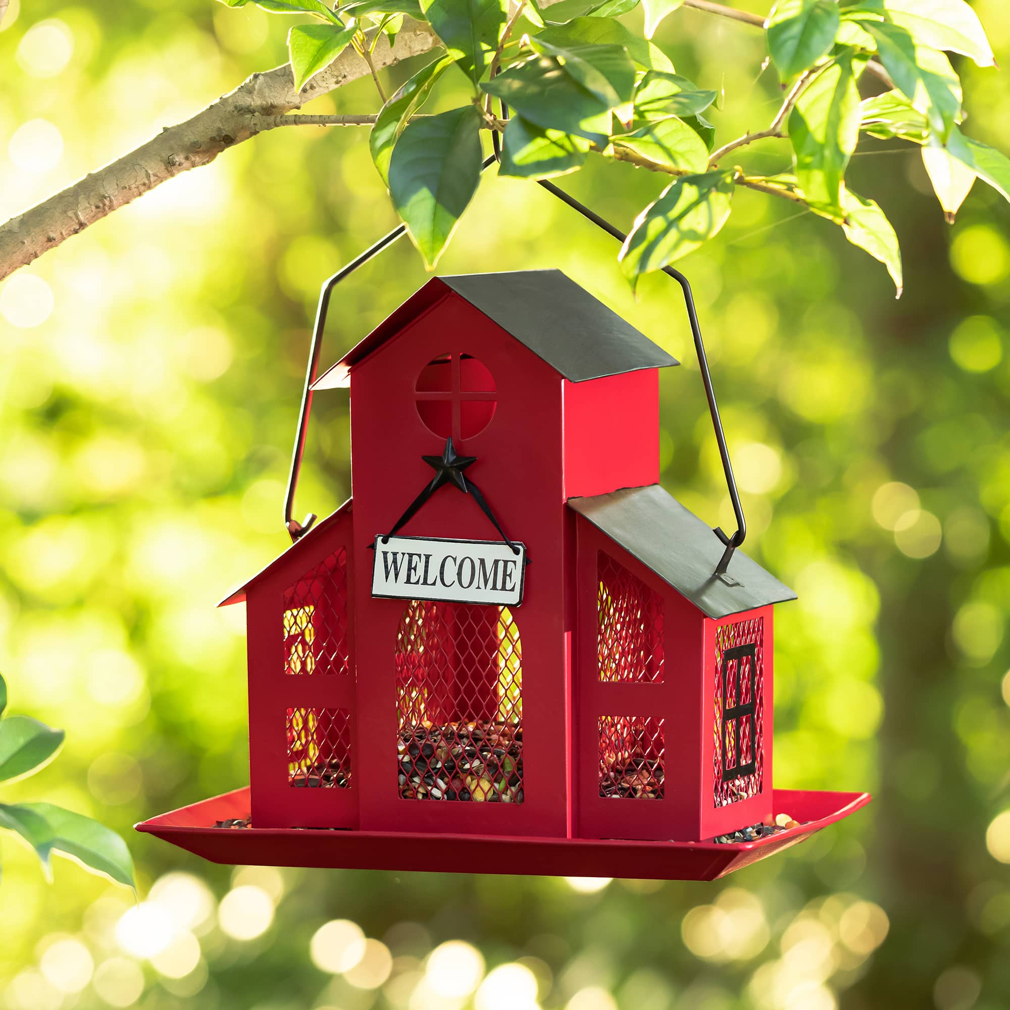 Glitzhome&#xAE; 12&#x22; Red Metal Barn Hanging Bird Feeder
