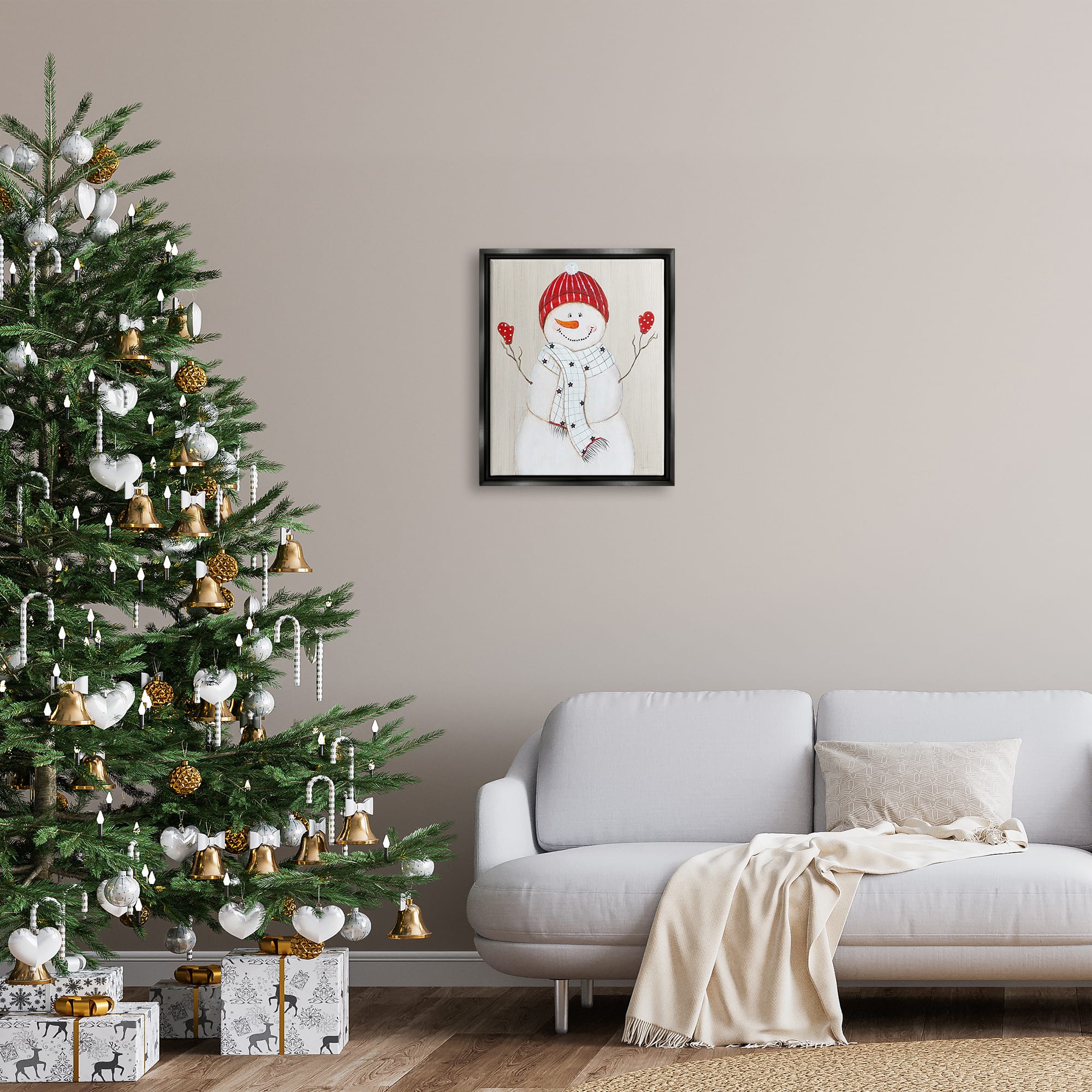 Stupell Industries Seasonal Snowman Smiling Red Hat Framed Floater Canvas Wall Art