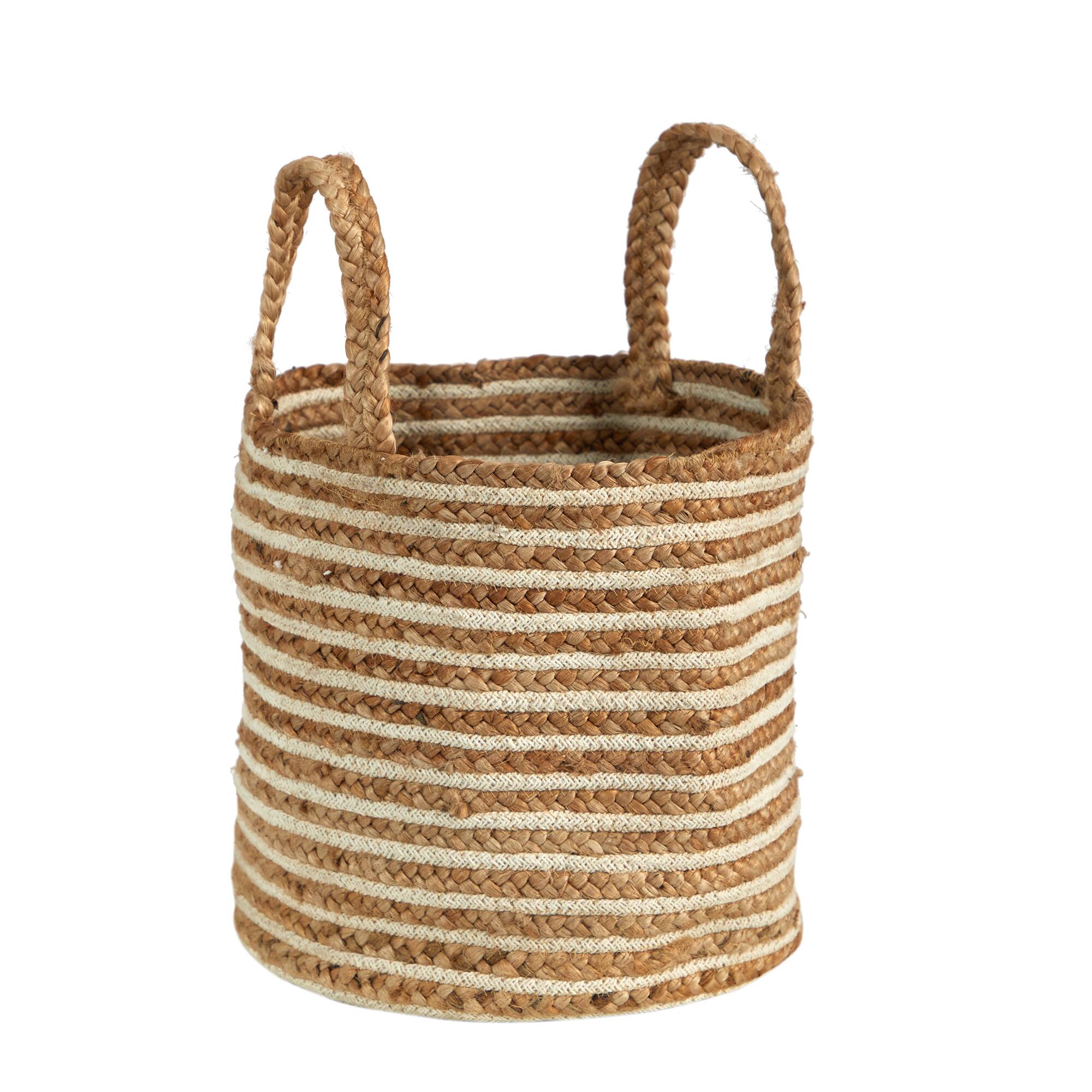 14'' Handwoven Stripe Natural Cotton and Jute Boho Chic Basket Planter