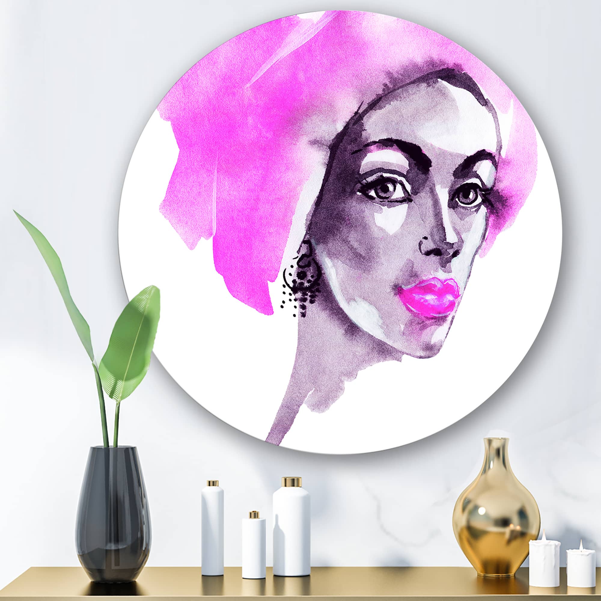 Designart - Afro American Woman Fashion Portrait - Modern Metal Circle Wall Art