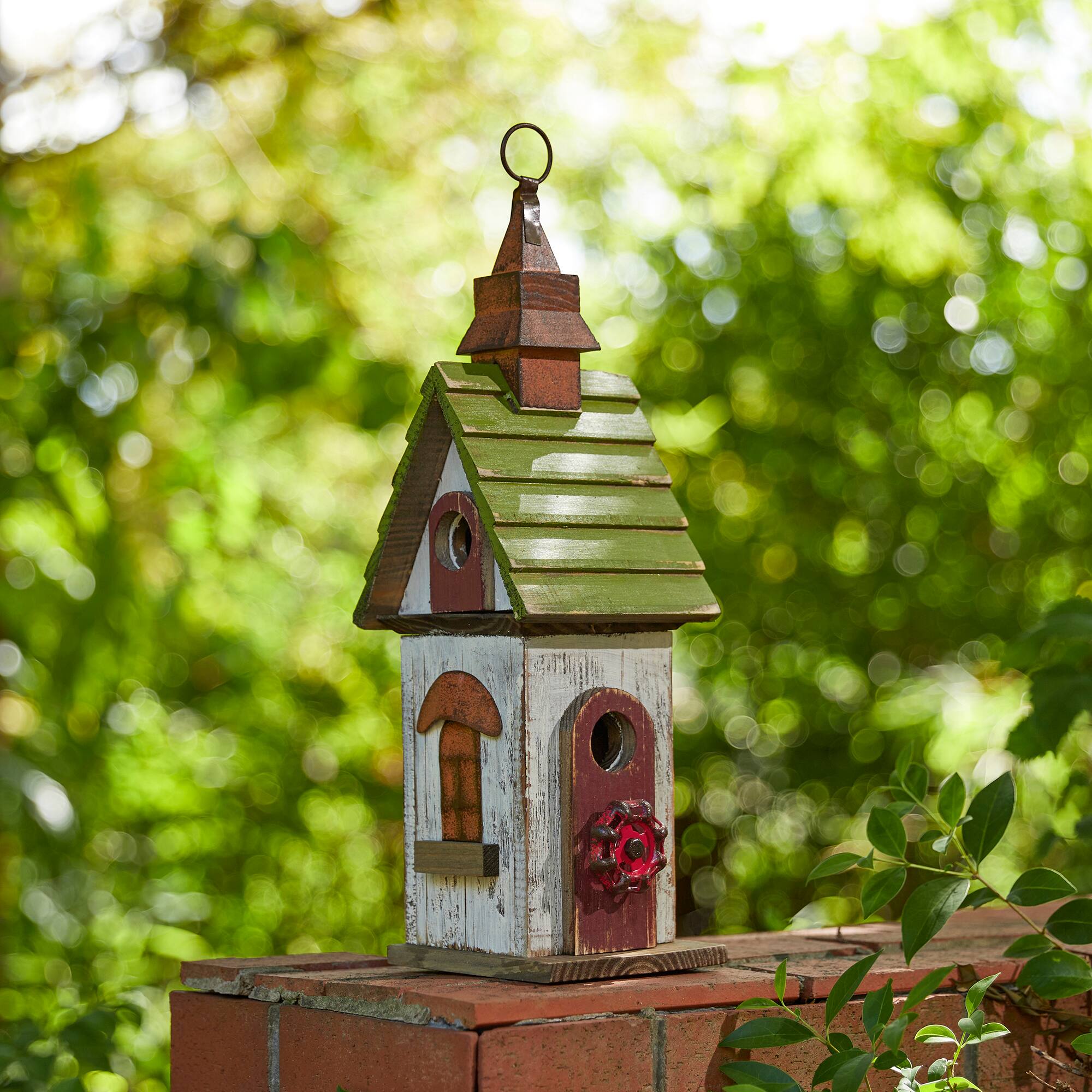 Glitzhome&#xAE; 15.75&#x22; White &#x26; Green Distressed Wood Birdhouse