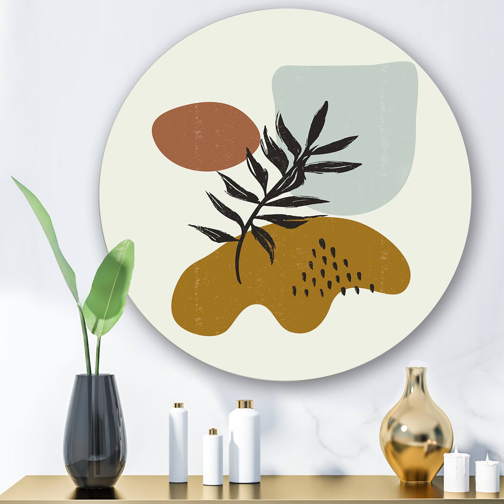 Designart - Botanical Minimalist Leaf With Abstract Shapes II - Modern Metal Circle Wall Art