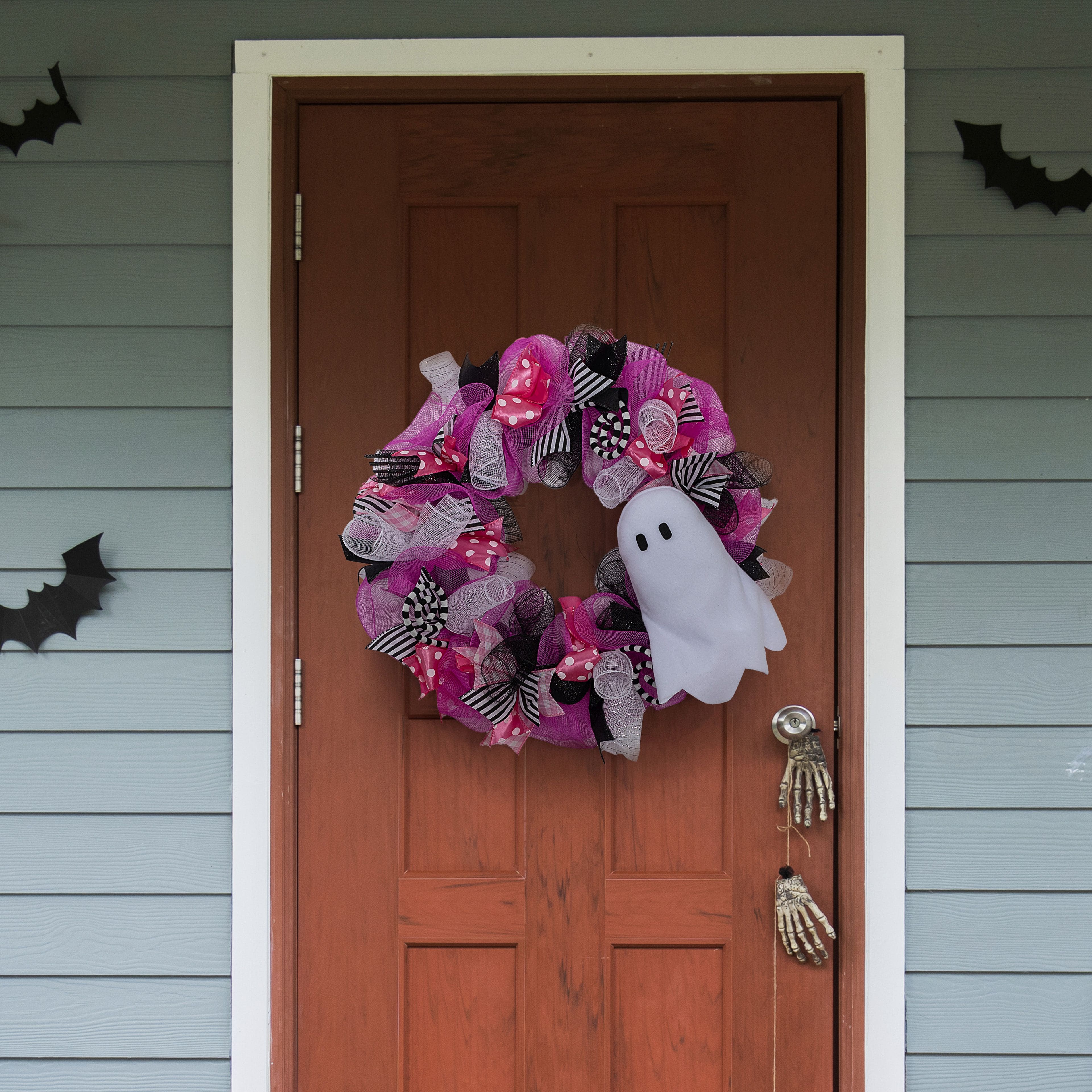 24&#x22; Pink, Black &#x26; White Mesh &#x26; Ribbon Wreath with Ghost by Ashland&#xAE;