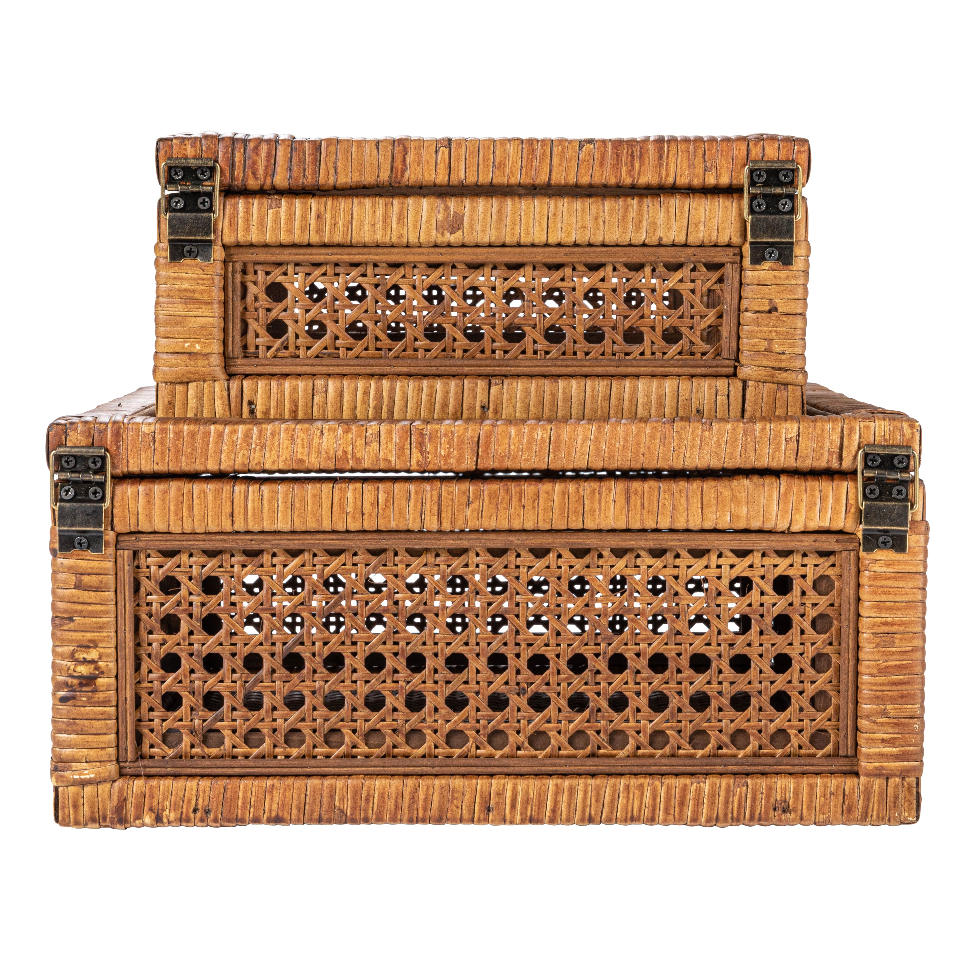 Hello Honey&#xAE; Dark Brown Modern Decorative Square Woven Rattan &#x26; Wood Display Box Set with Glass Top