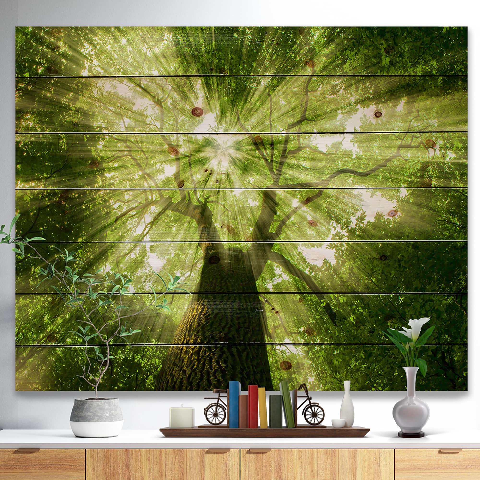 Designart - Sunlight Peeking through Green Tree - Landscape Print on Natural Pine Wood