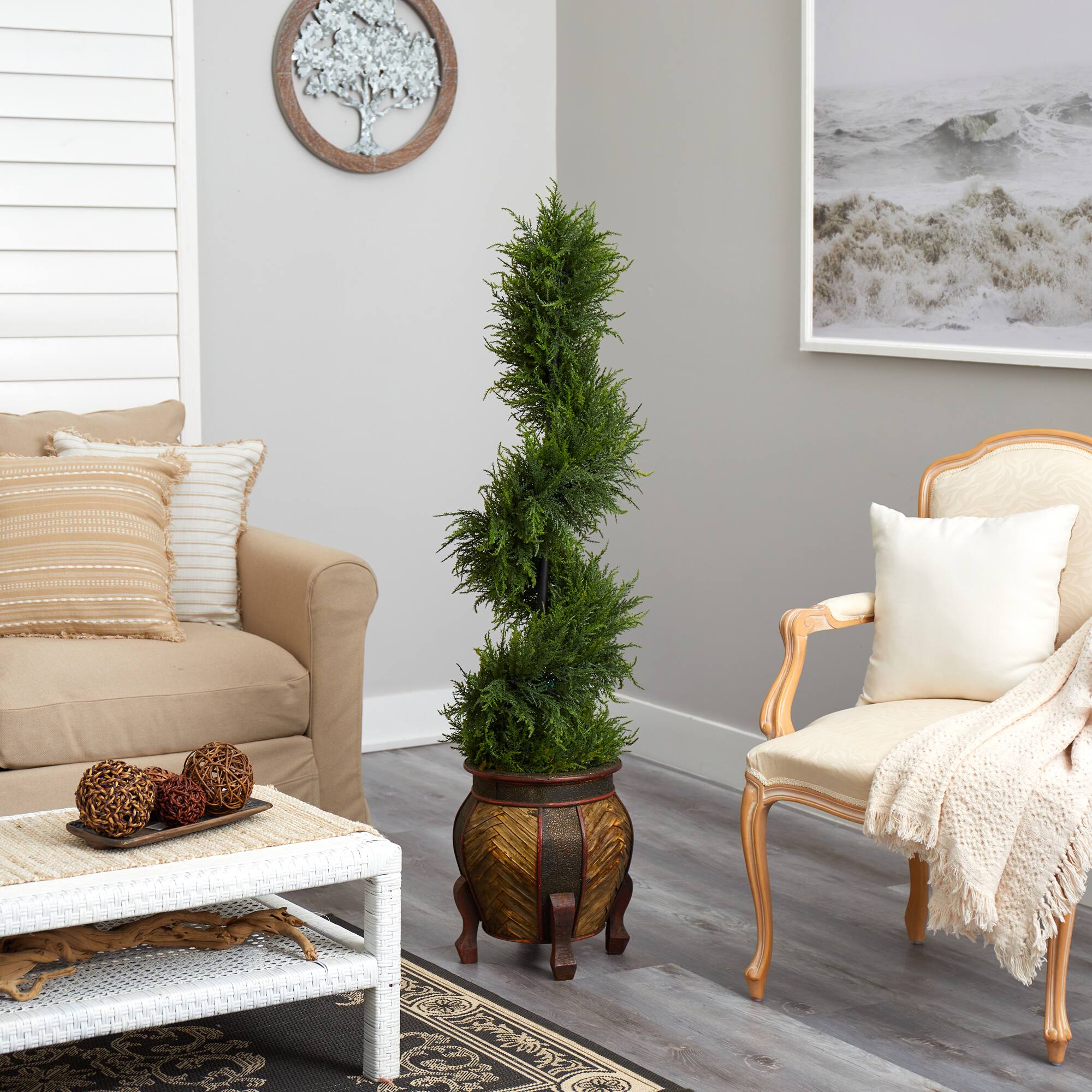 4.5ft. Pre-Lit Spiral Cypress Artificial Christmas Tree in Decorative Planter, Clear LED Lights