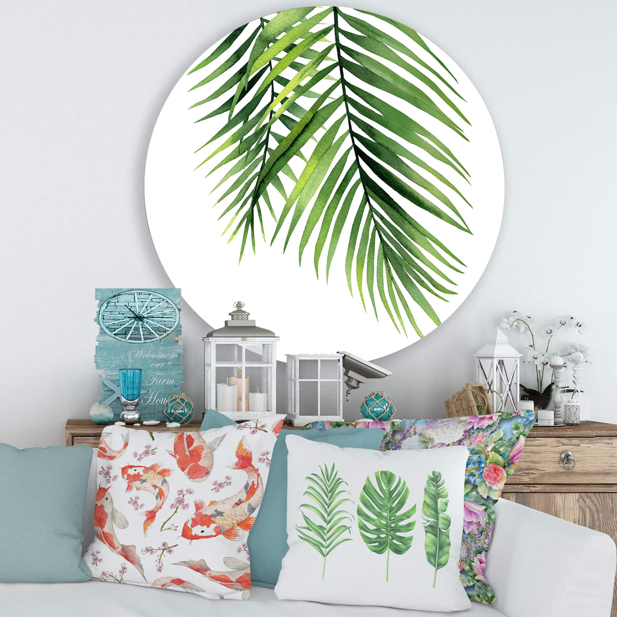 Designart - Detail Tropical Palm Branches - Tropical Metal Circle Wall Art