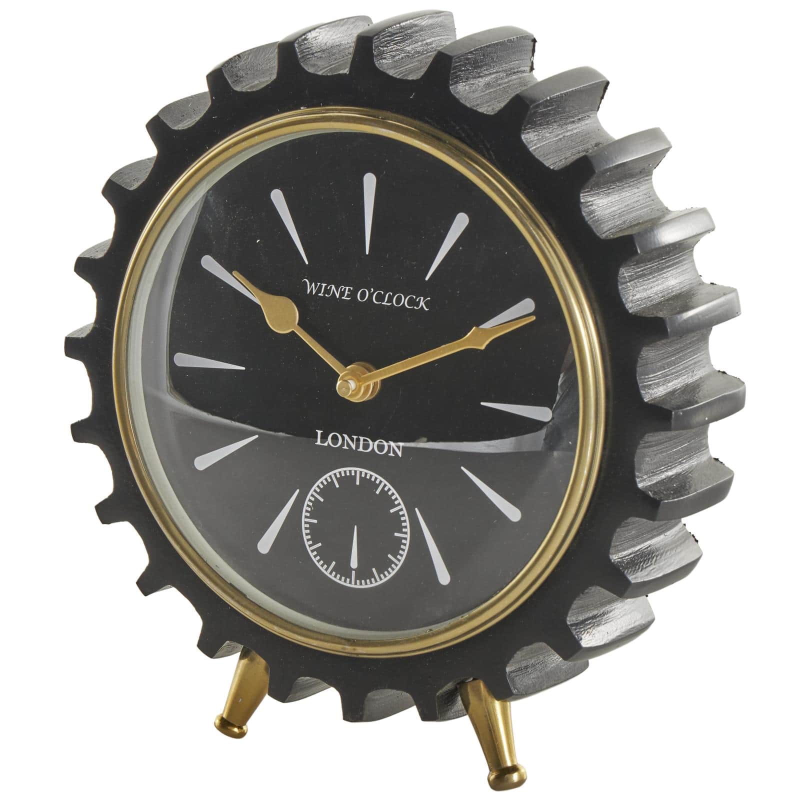 Black Aluminum Gear Clock with Gold Hands and Legs