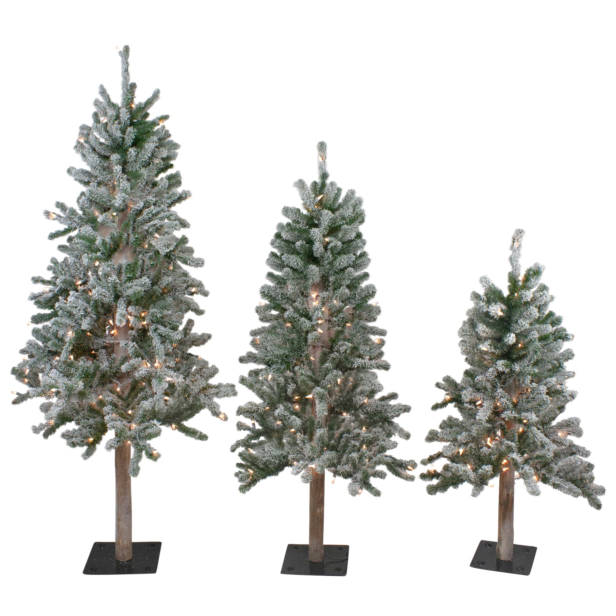 3 Pack Pre-Lit Flocked Alpine Christmas Trees, Clear Lights
