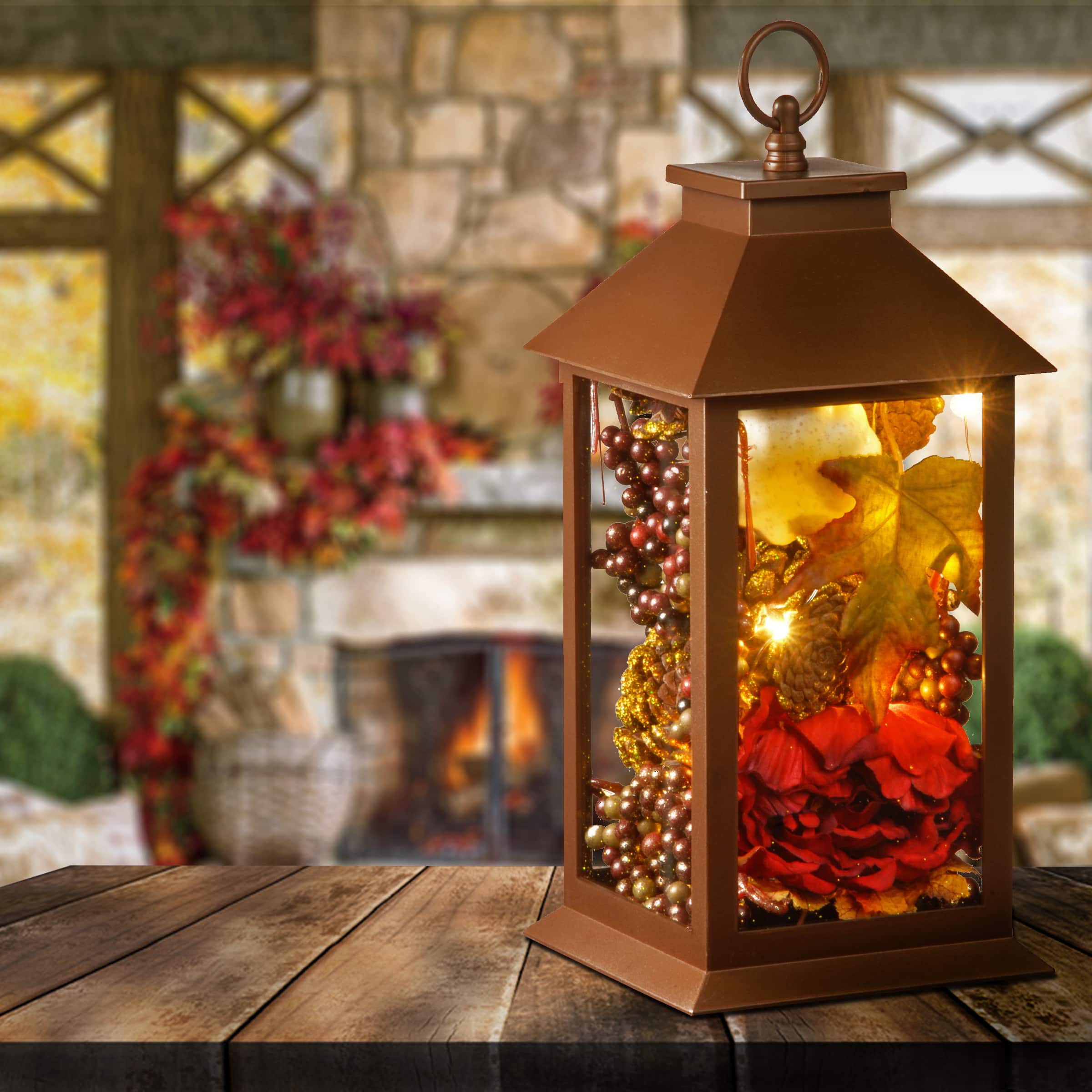 15" Fall Harvest Arrangement in LED Lantern