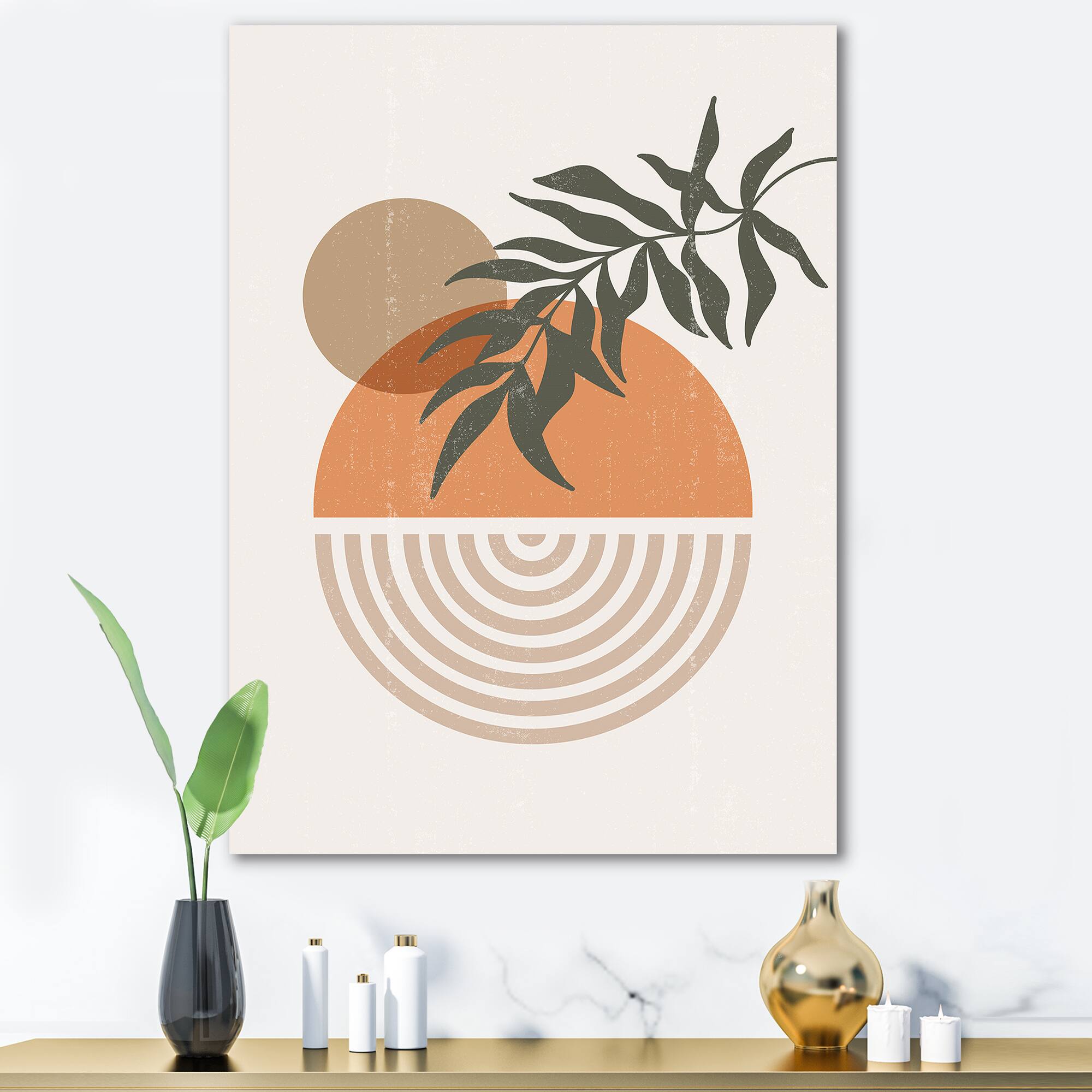 Designart - Abstract Geometrical Sun and Moon With Leaf I - Modern Canvas Wall Art Print