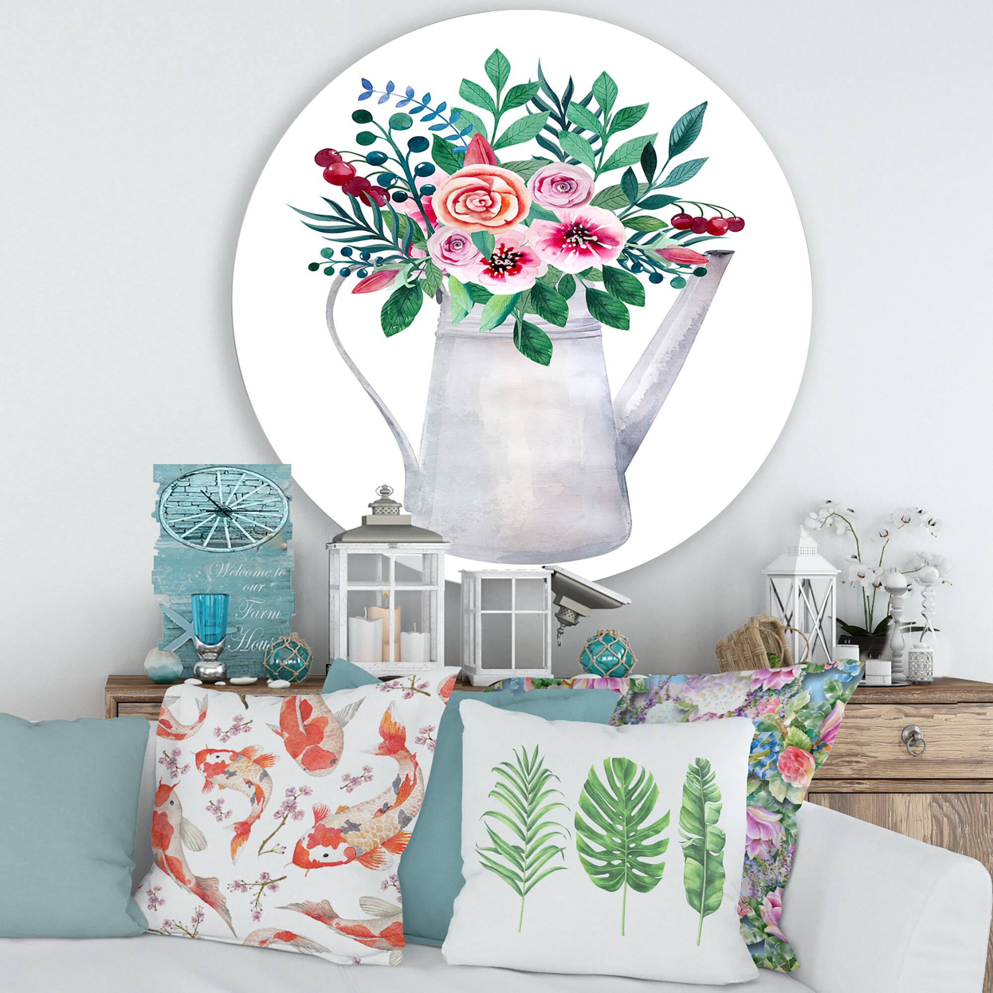 Designart - Bouquets of Flowers In Rustic Flowering Pot - Traditional Metal Circle Wall Art