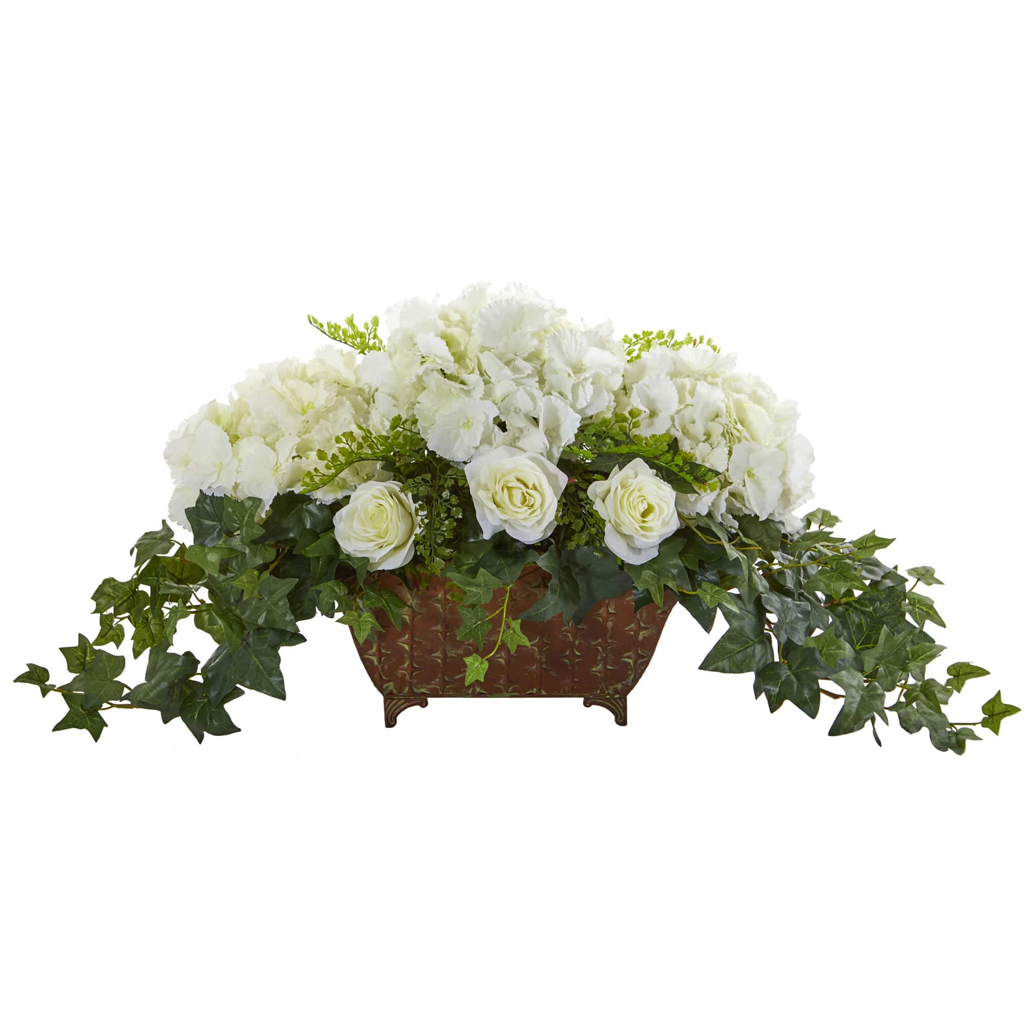 Hydrangea &#x26; Roses Artificial Arrangement in Metal Planter