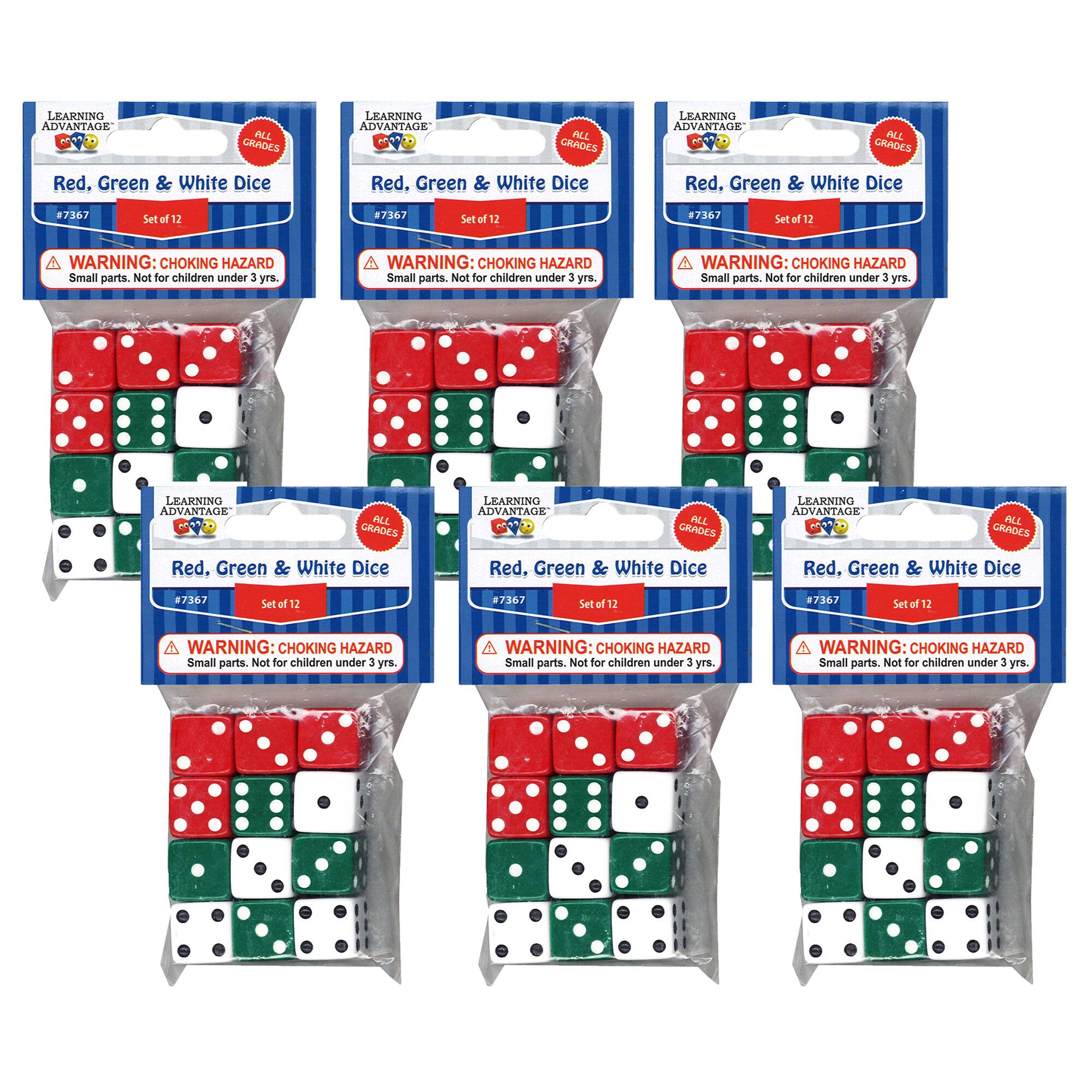 Learning Advantage&#x2122; Red, Green &#x26; White Dot Dice, 6 Packs of 12