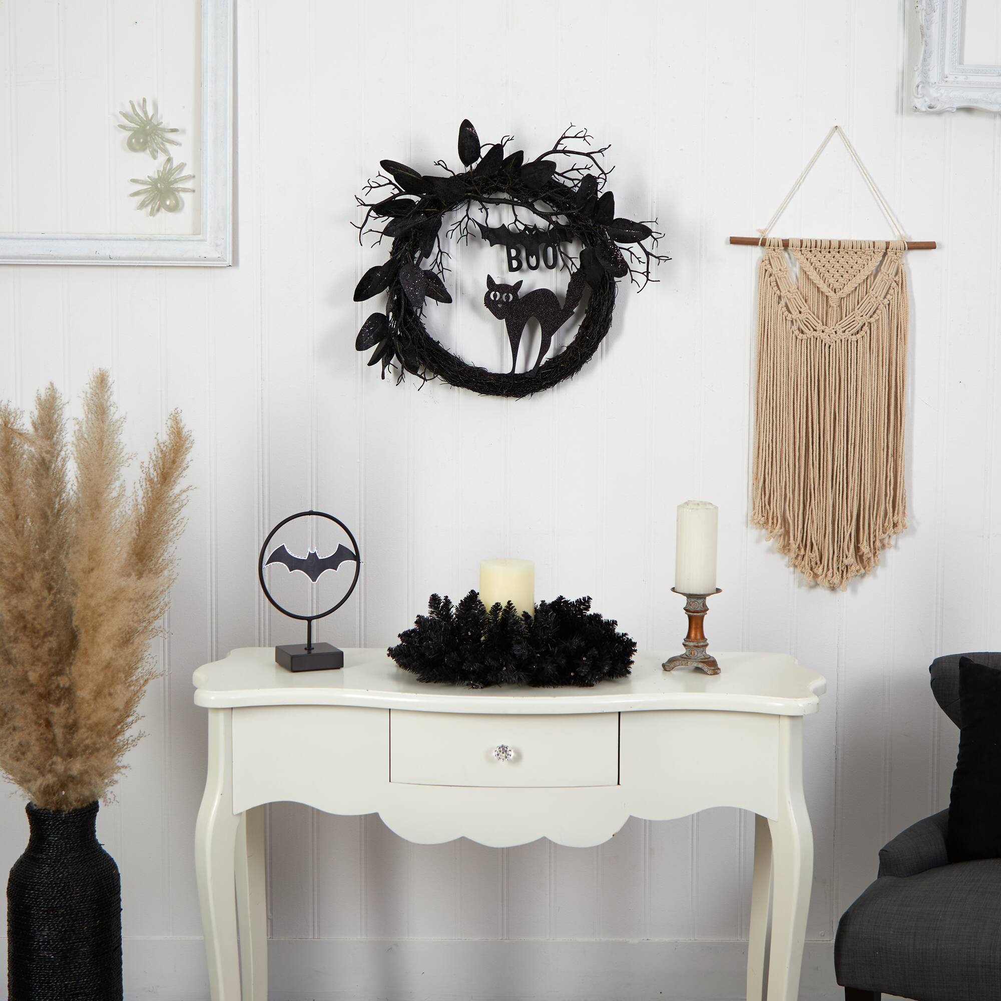 22" Halloween Black Cat & Bat Boo Twig Wreath