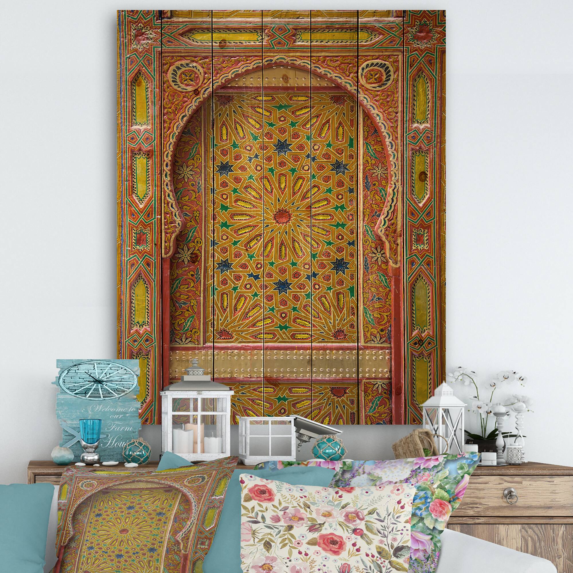 Designart - Moroccan Entrance Door in Fez - Vintage Print on Natural Pine Wood