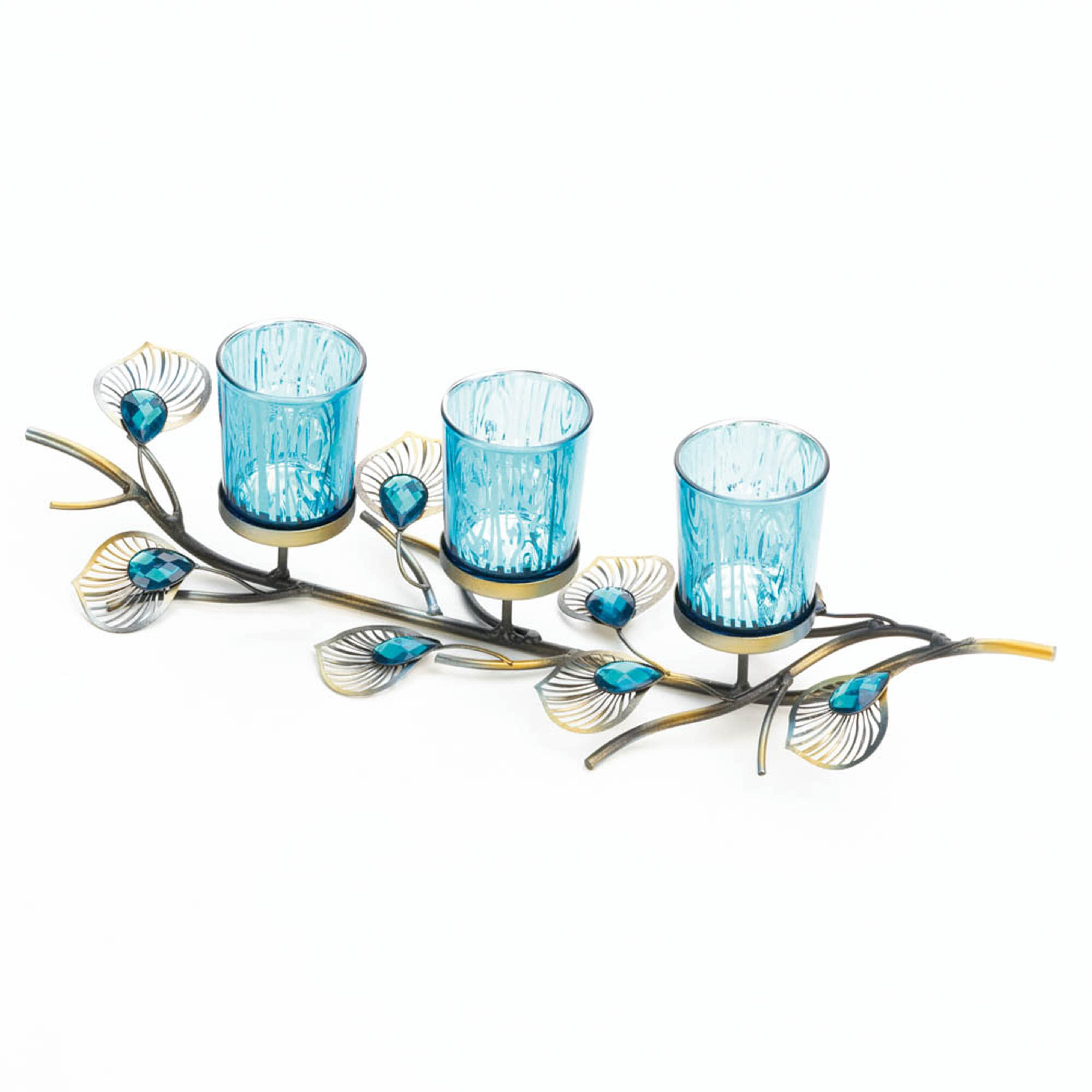 16" Blue Peacock Candle Holder Trio Long Centerpiece Adornment Candelabra 