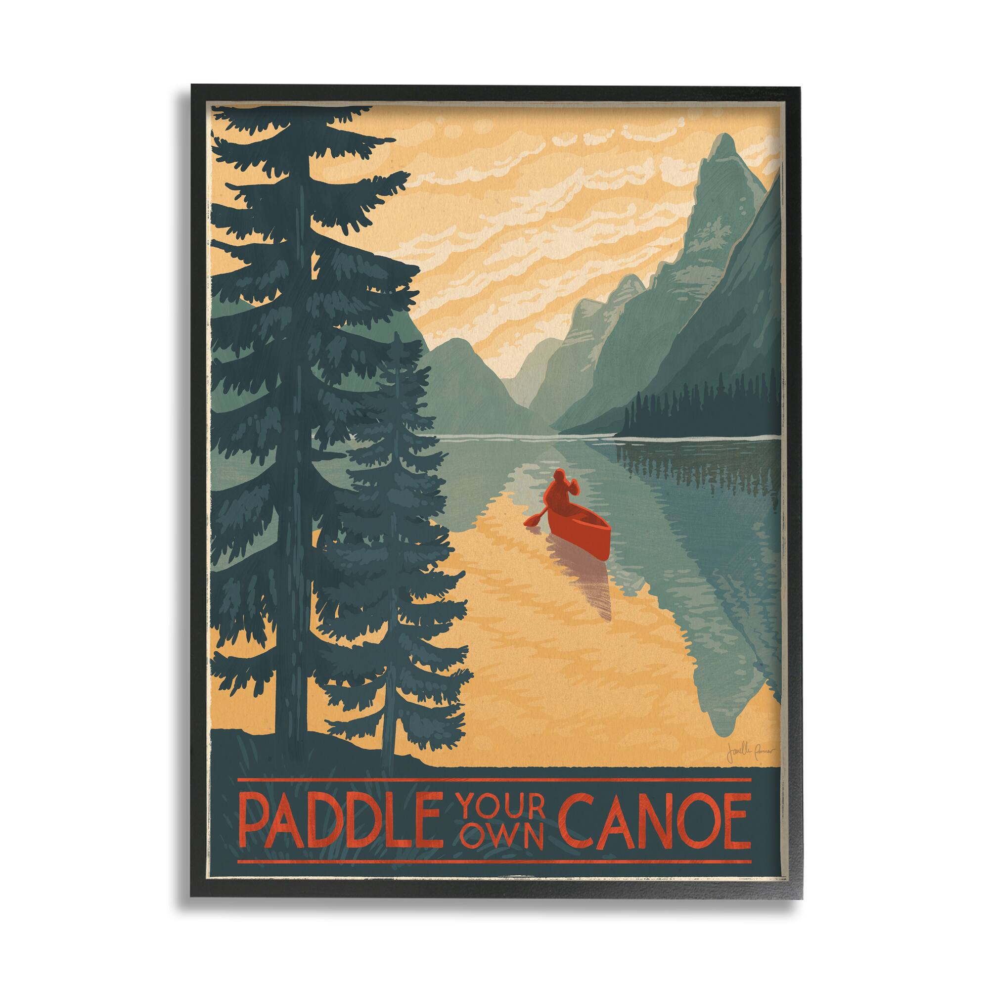 Stupell Industries Paddle Your Own Canoe Phrase Mountain Lake Adventure Framed Wall Art